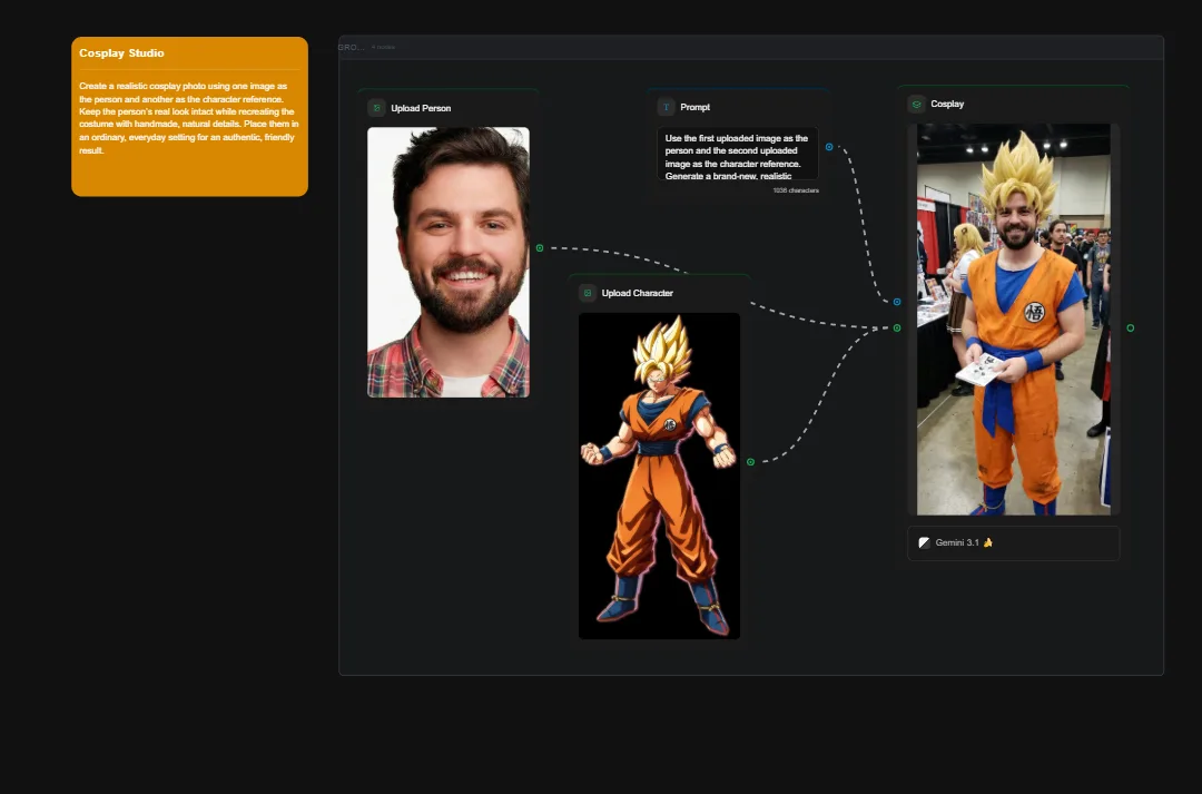 Cosplay studio interface showing man transformed into Super Saiyan Goku character with blonde spiky hair and orange gi costume