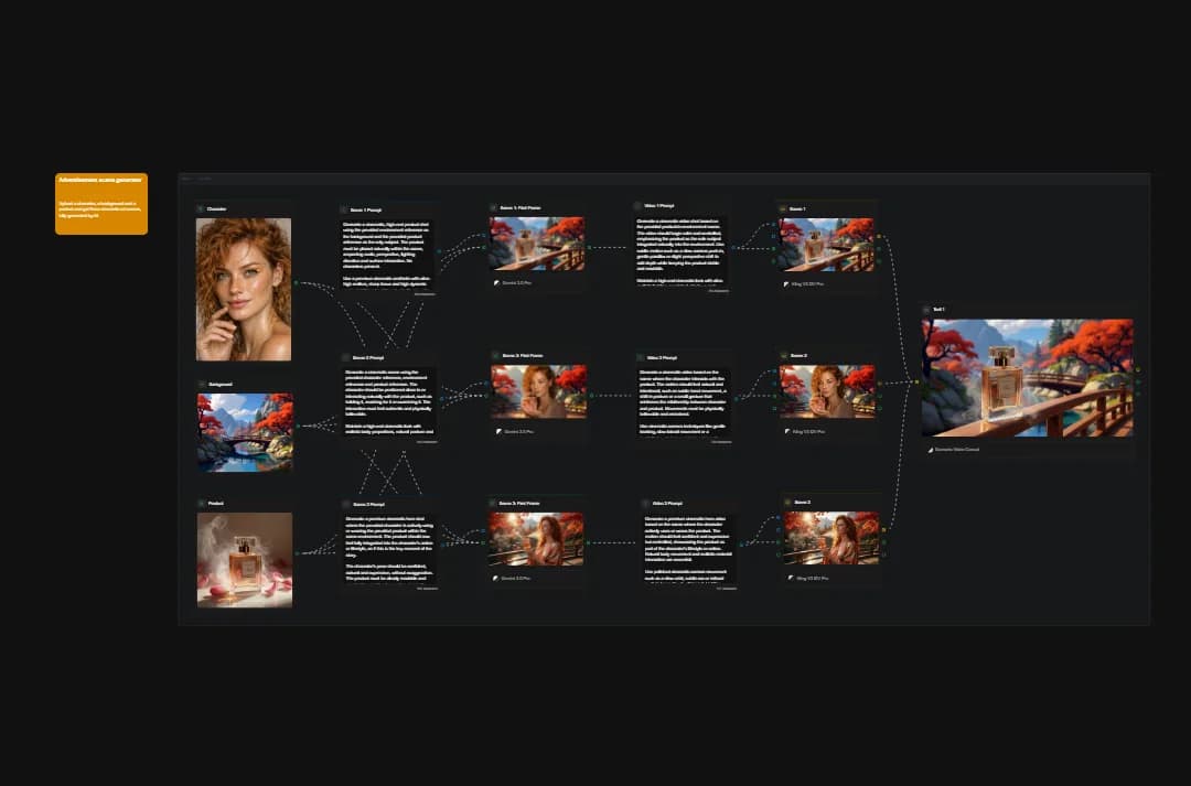 Digital workflow diagram showing AI image generation process with portrait, landscape, and product photography examples connected by dotted lines on dark background