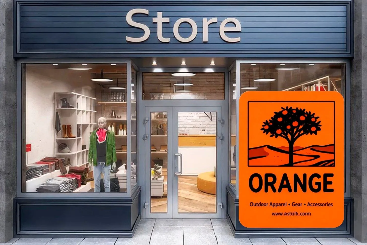 Modern storefront with blue signage, glass doors, interior retail display shelves, and bright orange promotional sign advertising outdoor apparel and gear