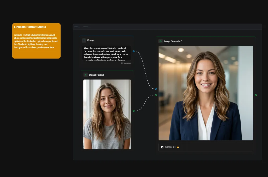 AI-generated professional LinkedIn headshot of woman in navy blazer, transformed from casual casual photo using portrait enhancement tool