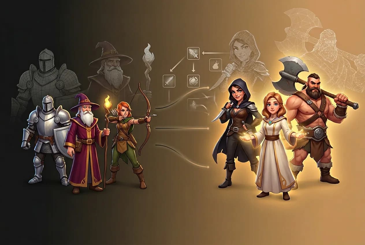 Fantasy RPG character party including knight, wizard, archer, rogue, healer and barbarian with medieval weapons and glowing magical interface icons