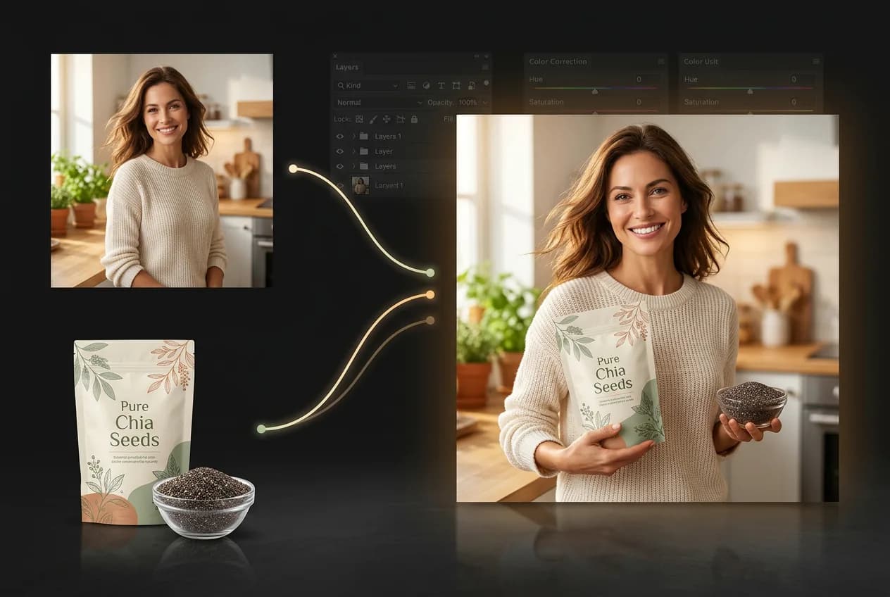 Woman in cream knit sweater holding bowl of chia seeds in modern kitchen, smiling at camera with product packaging visible