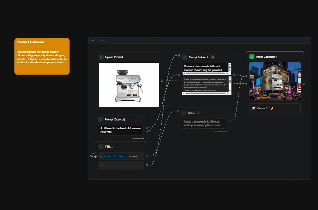Product billboard AI mockup generator interface showing espresso machine upload, Times Square prompt, and photorealistic billboard preview generation workflow