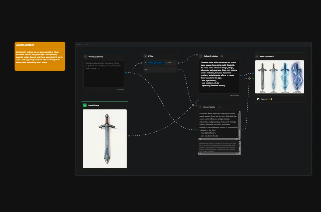 AI asset evolution interface showing sword design iterations with multiple variations and editing parameters on dark background