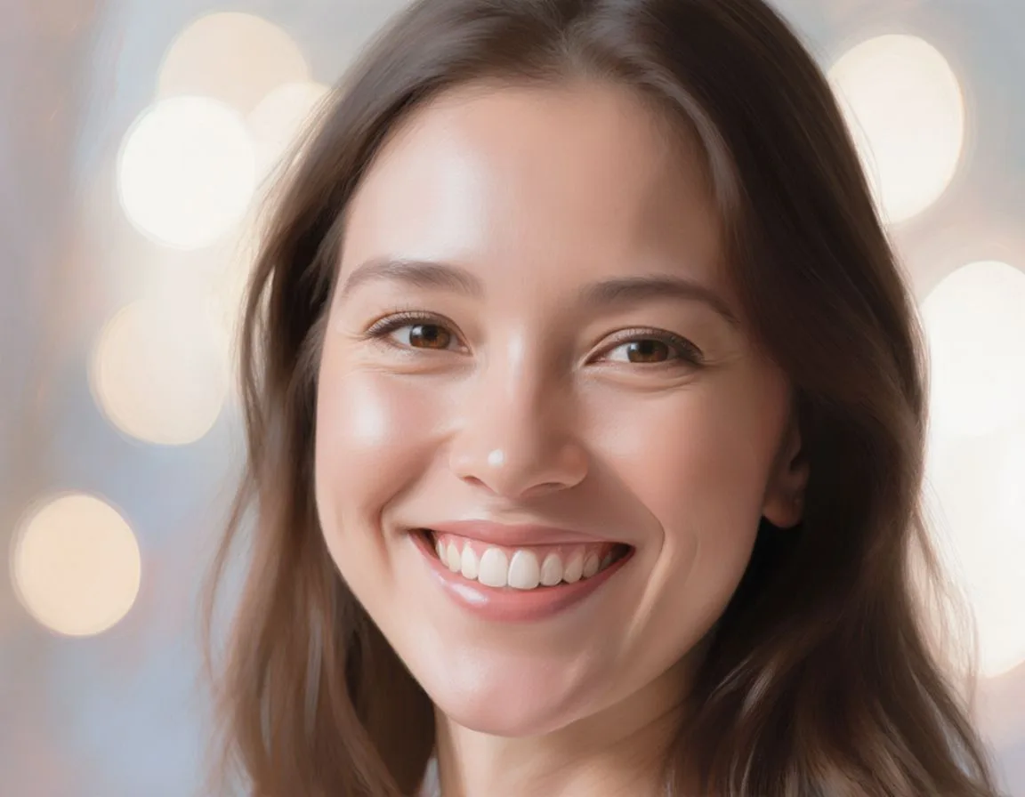 Happy woman with bright smile and long brown hair, bokeh lights in soft background, friendly portrait