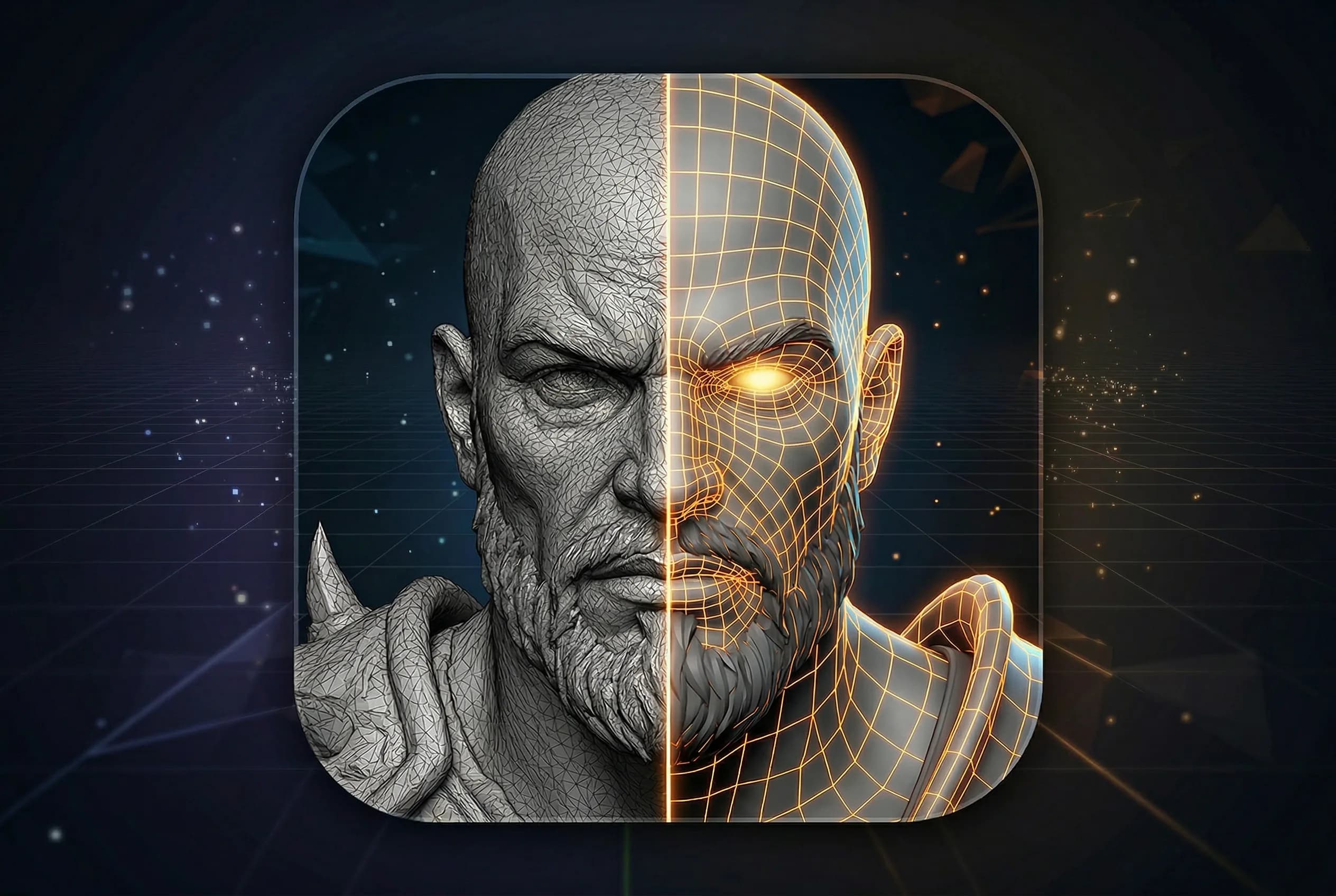 Split face showing human sketch art transitioning to golden digital wireframe mesh with glowing particles in dark background