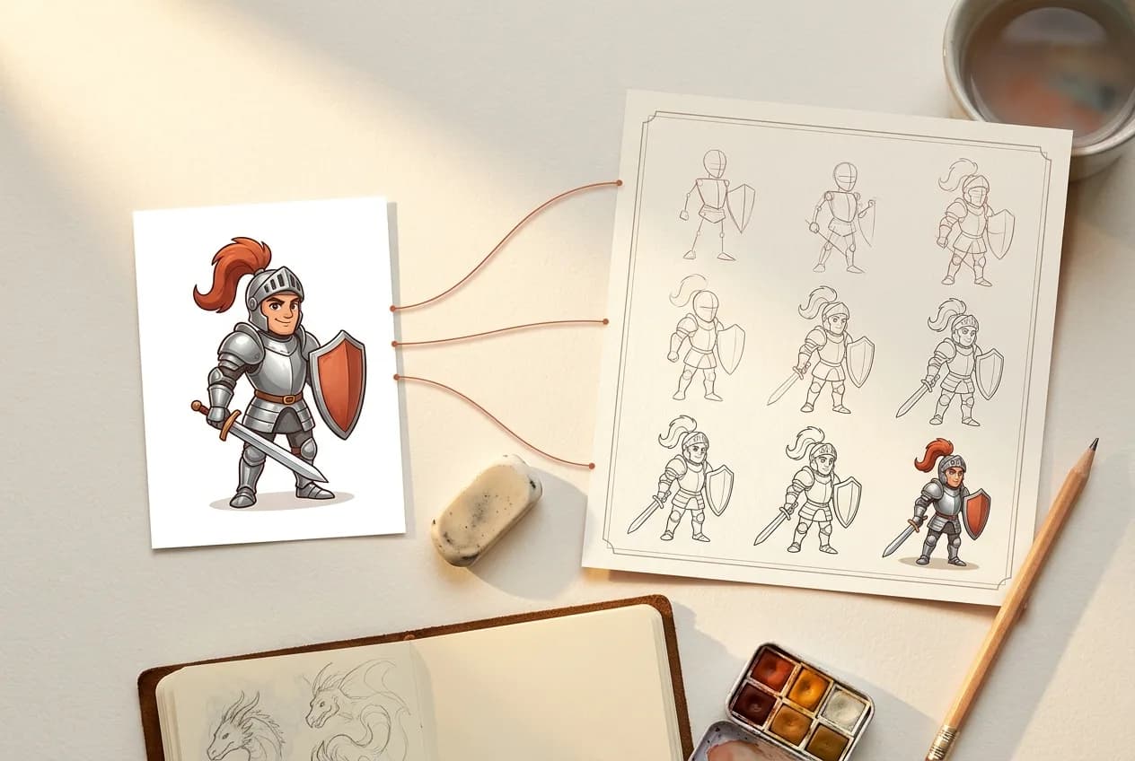 Female knight character design sketches with red hair, armor, shield and sword in various poses on artist workspace with watercolor palette