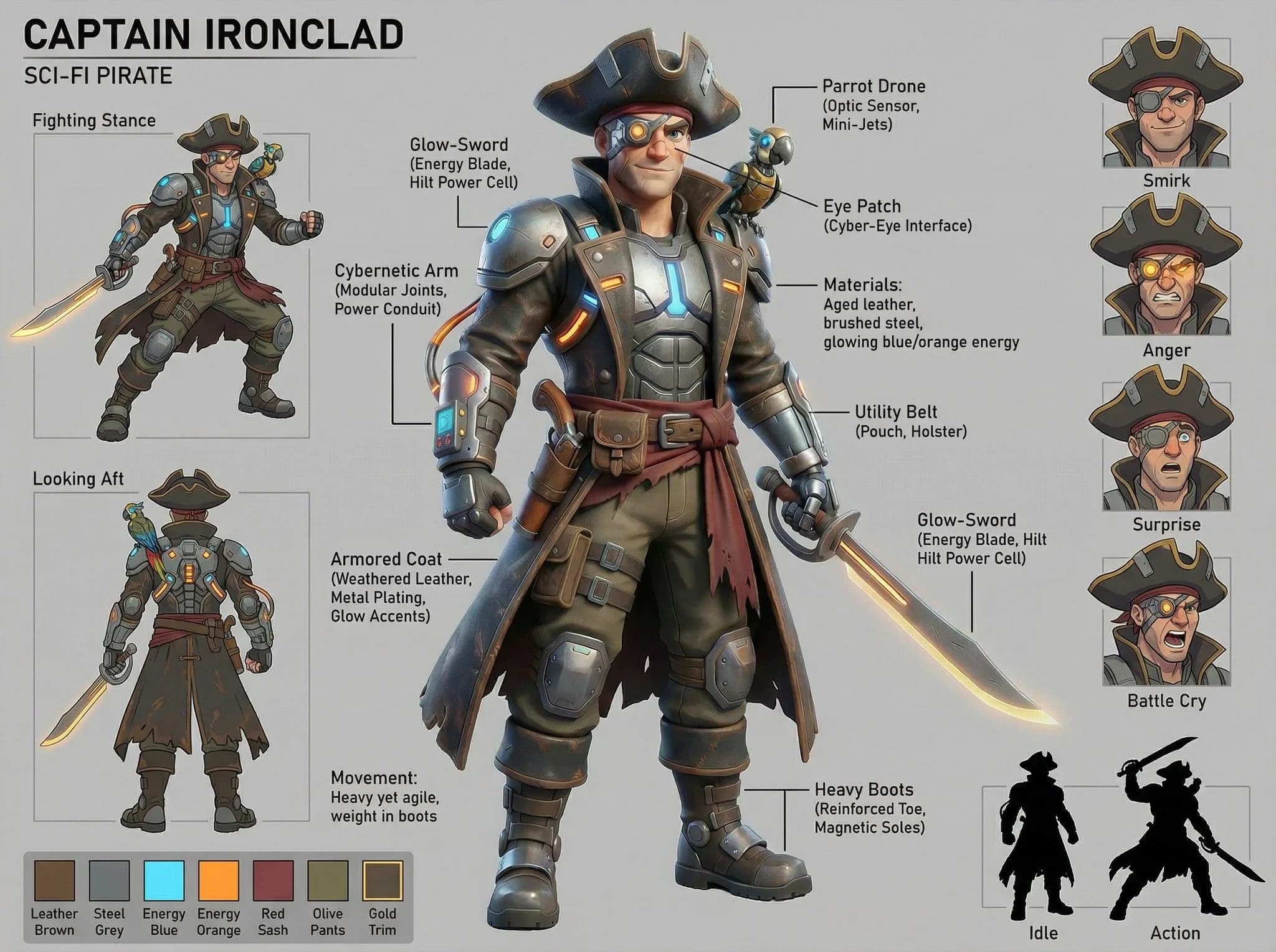 Captain Ironclad sci-fi pirate character design with cybernetic arm, glow-sword, and detailed equipment specifications