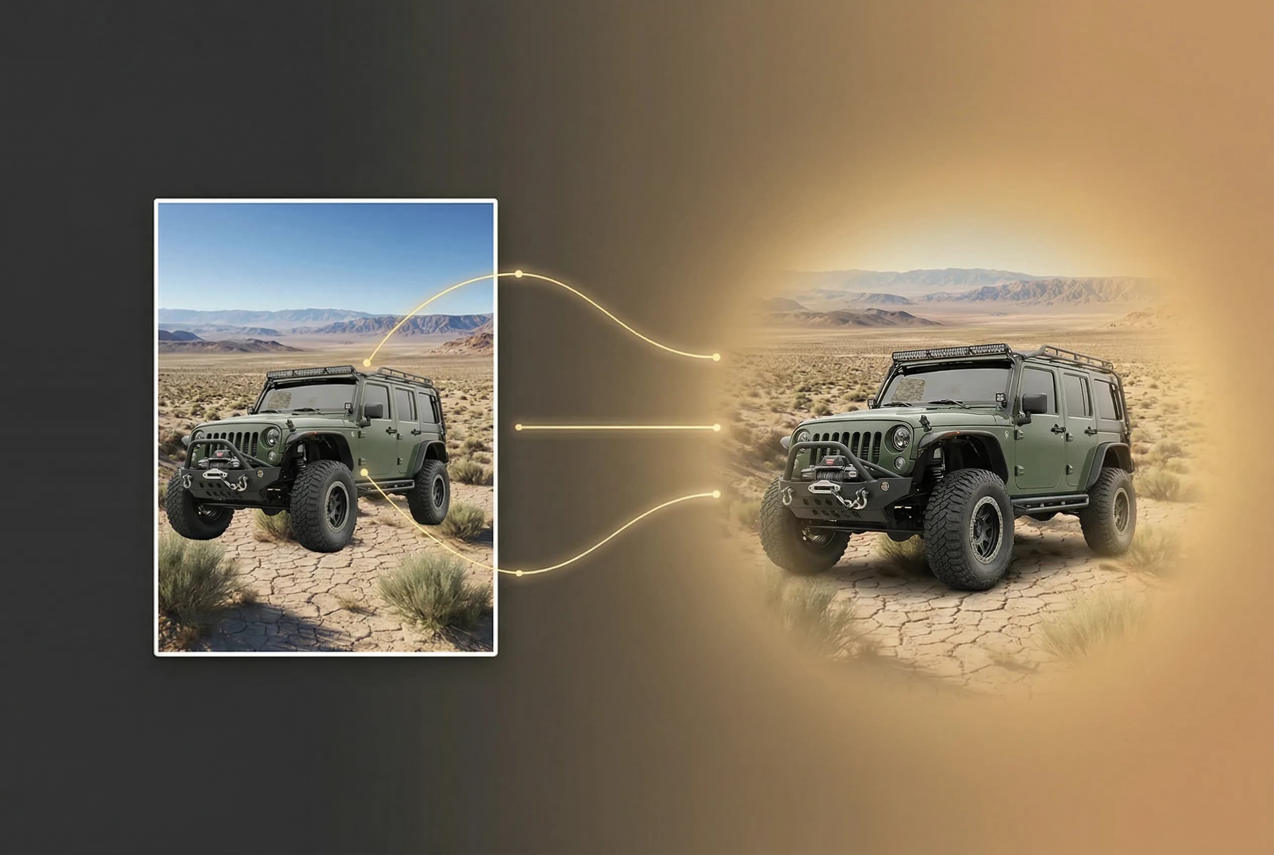 Green Jeep Wrangler with roof rack in arid desert landscape, comparing original and enhanced versions with golden light effects