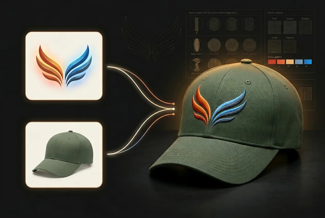 Custom embroidery logo design mockup showing red and blue wing symbol on green baseball cap with digitizing software interface