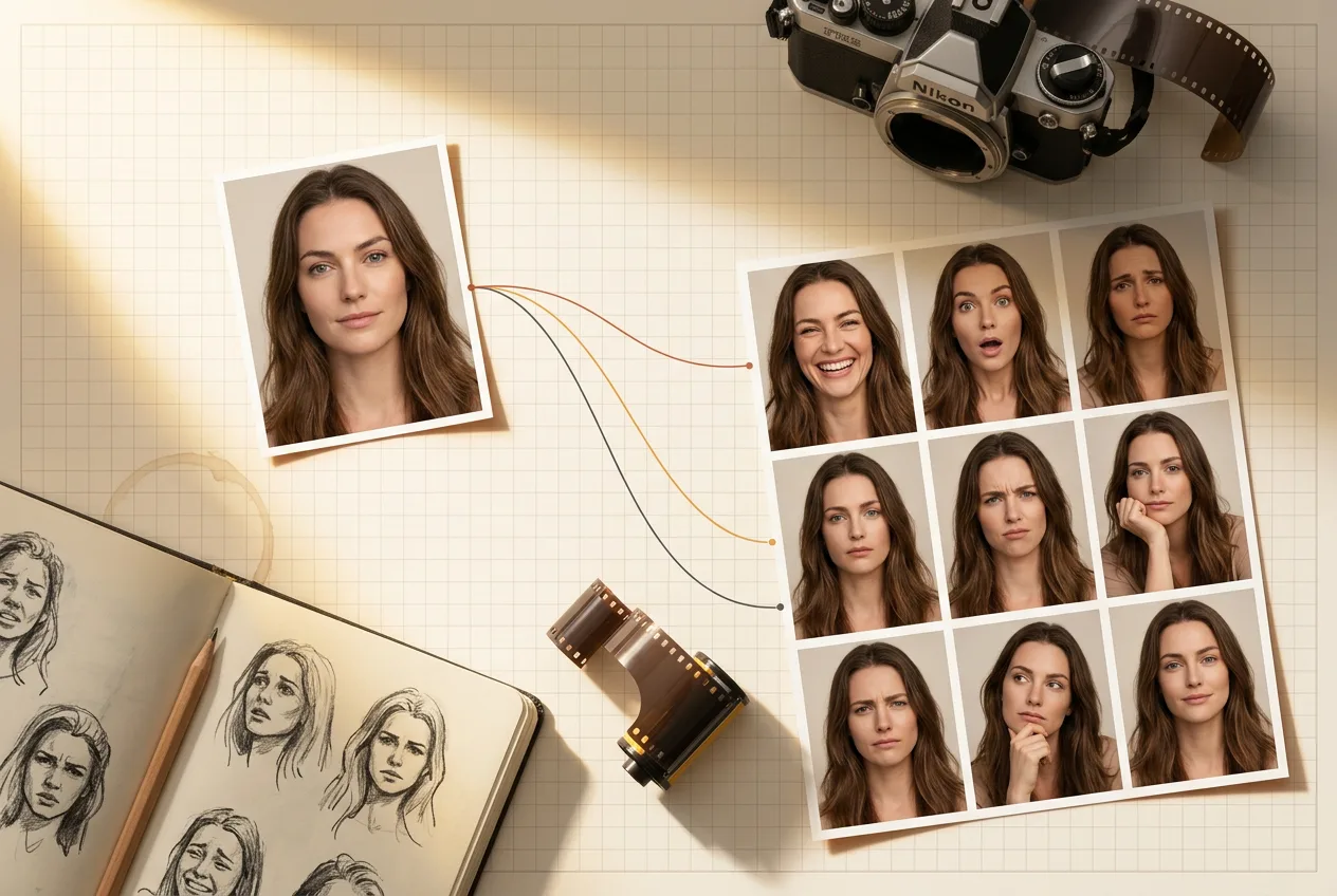 Portrait contact sheet showing woman headshots with vintage film cameras, sketch drawings, and film rolls on neutral background