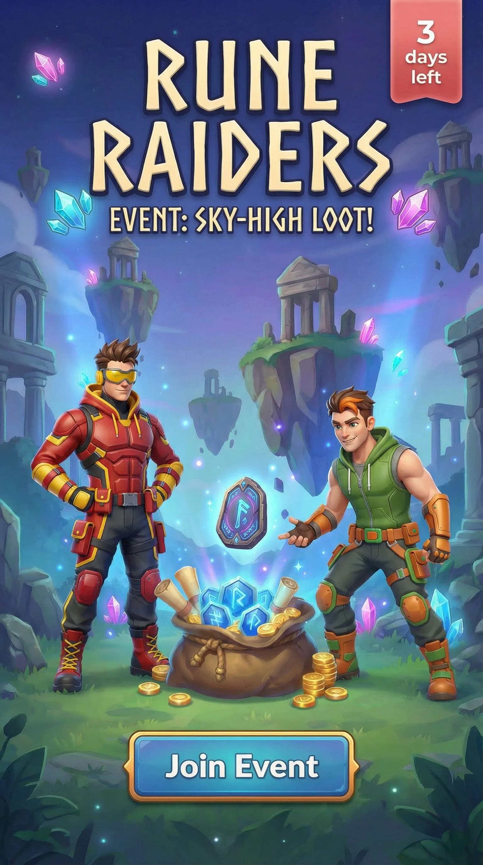 Rune Raiders Sky-High Loot event poster featuring two cartoon heroes in magical armor with floating islands, crystals, and 3 days left countdown timer