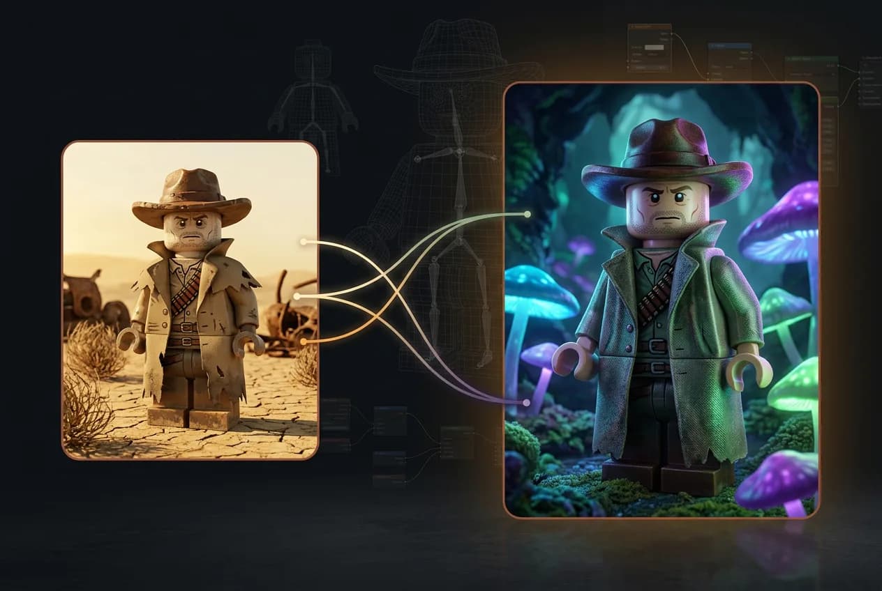 LEGO cowboy character transformation from classic desert western scene to futuristic neon cyberpunk environment with glowing purple and blue lights