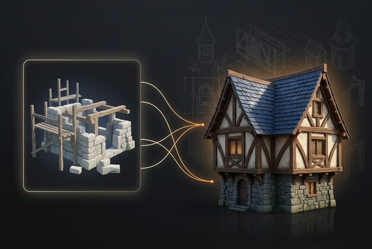 3D illustration showing medieval fantasy house construction process with building materials blueprint and finished half-timbered cottage with blue tile roof