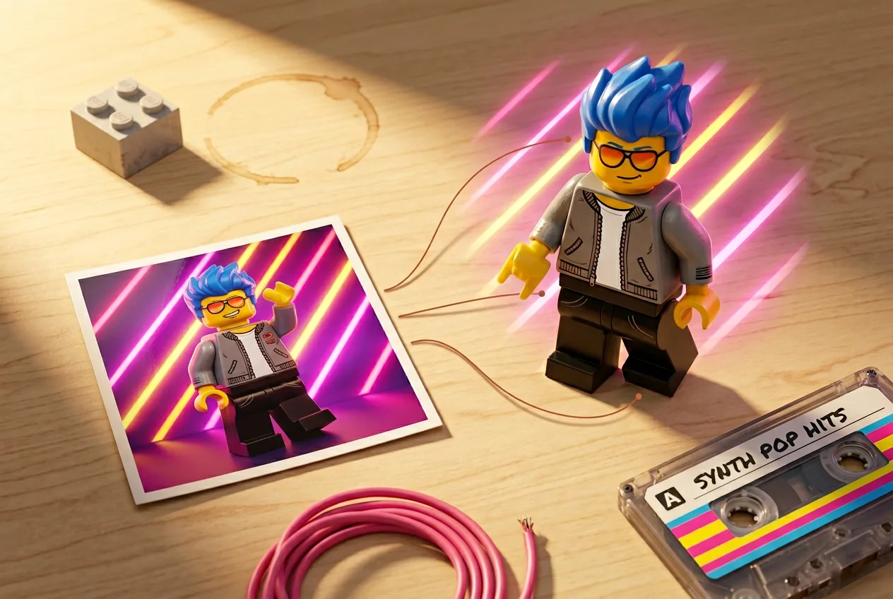 LEGO minifigure with blue spiky hair and sunglasses on wooden desk with neon pink lights, retro cassette tape, and glowing photograph