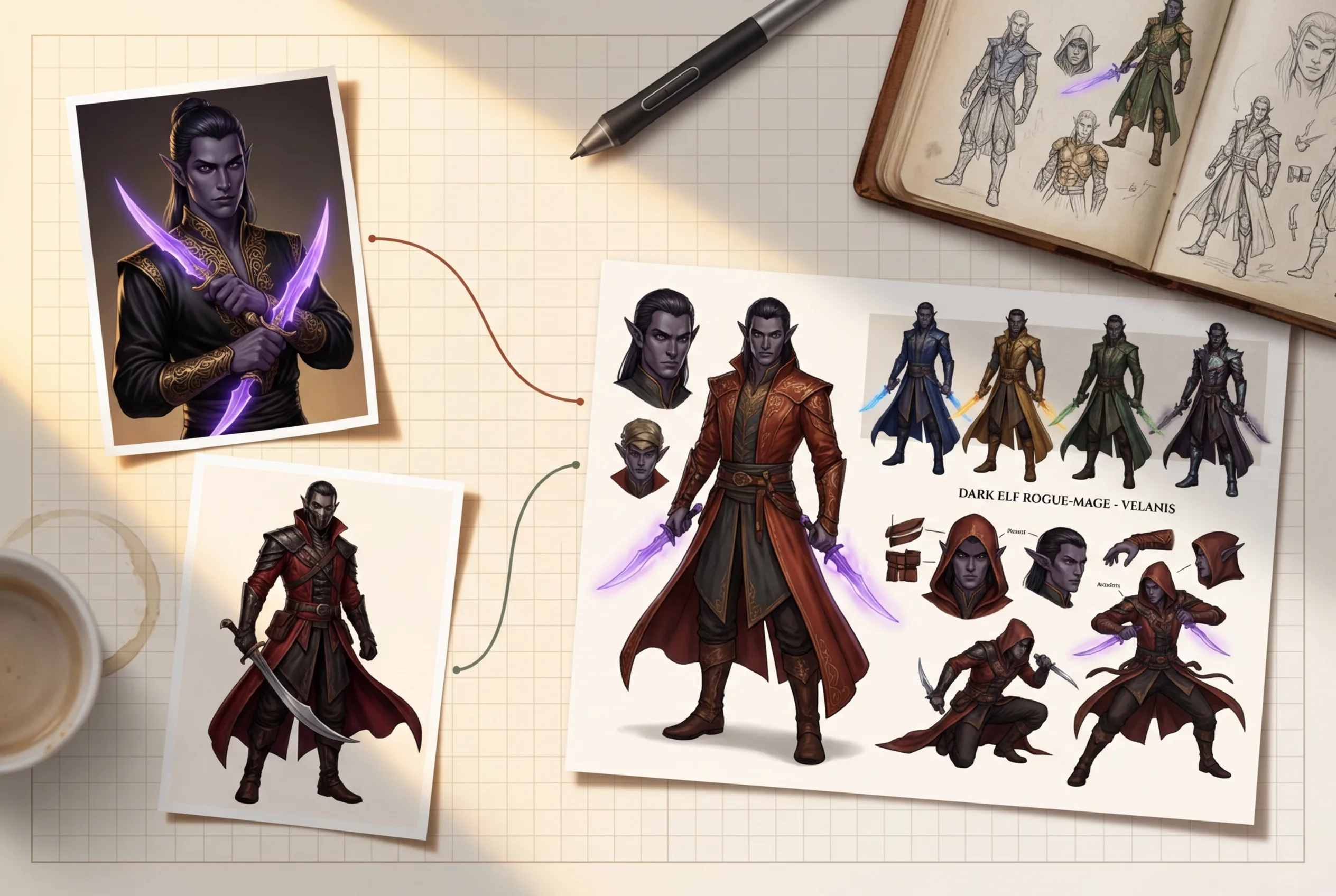 Dark elf rogue character concept art with purple magic swords, multiple pose variations, and costume designs on character sheet