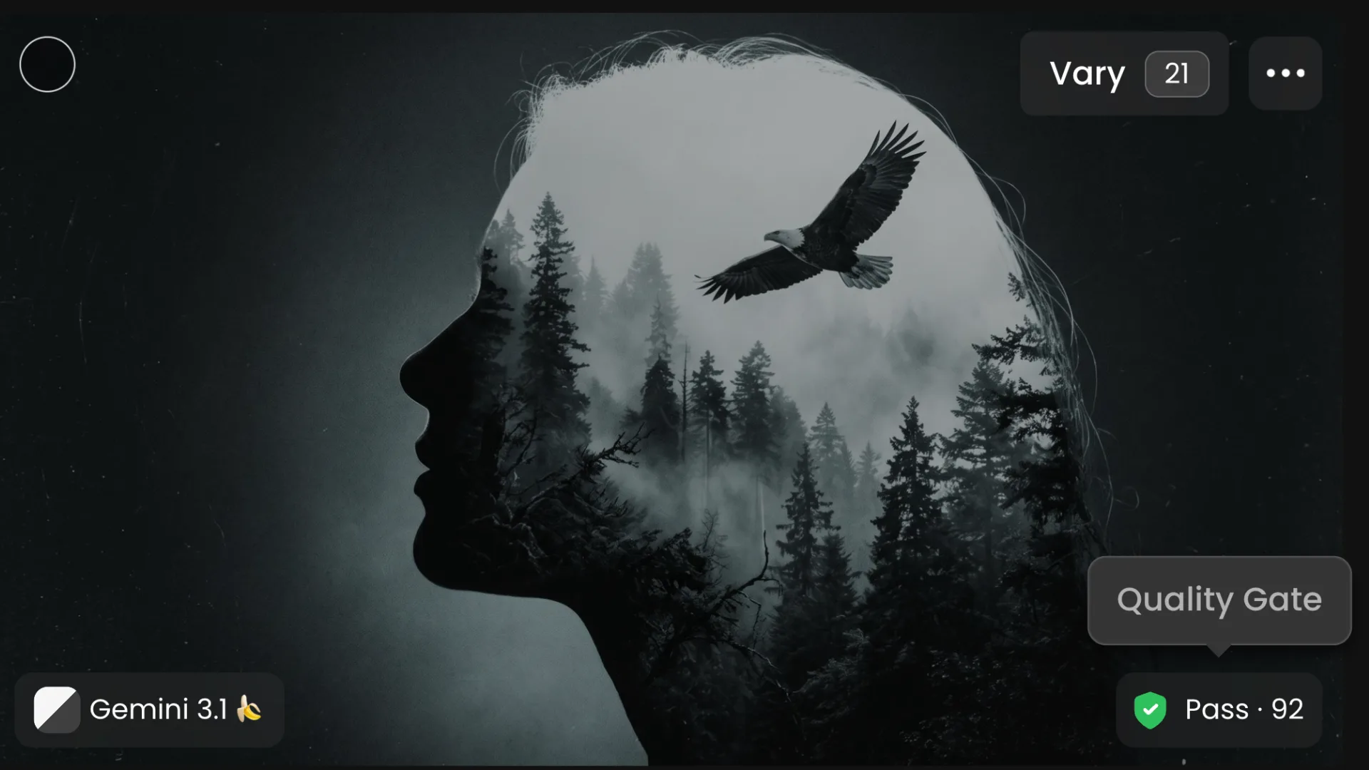 Double exposure silhouette of woman's profile filled with misty forest trees and flying eagle