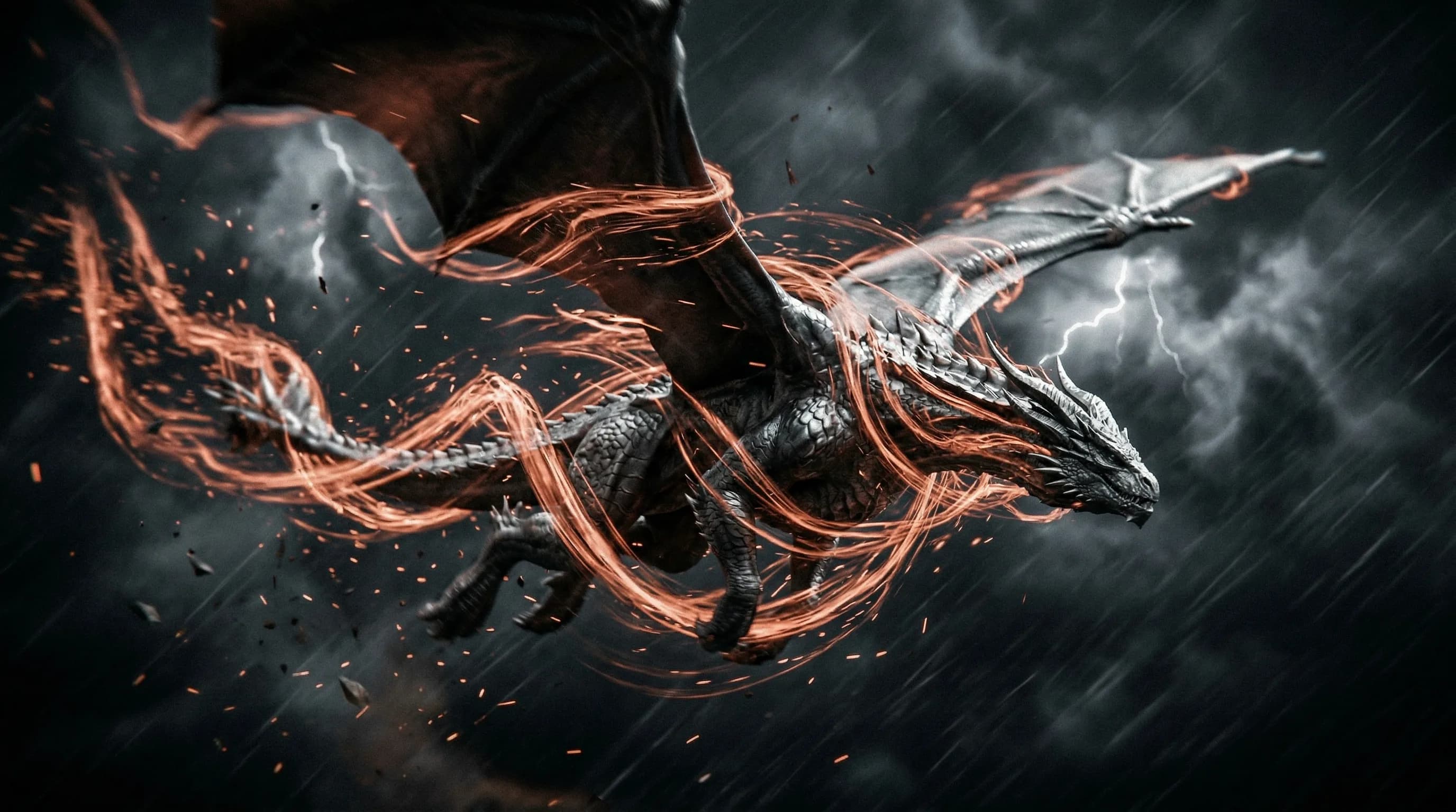 Majestic dragon with glowing orange fire wings soaring through dark stormy sky with lightning and rain