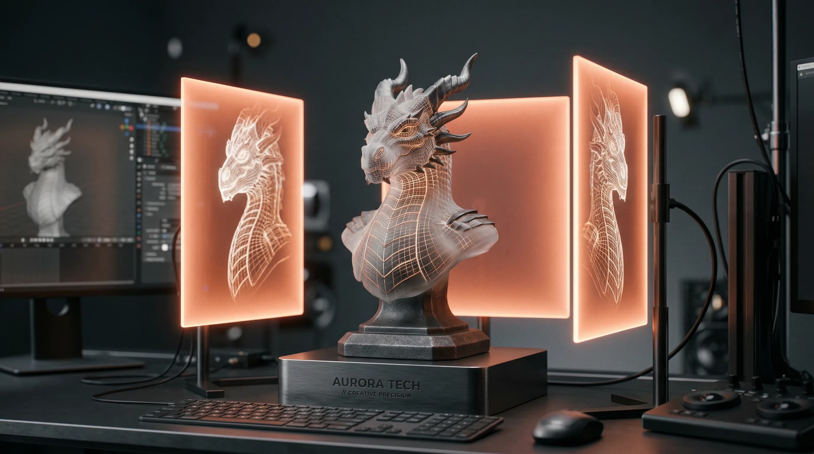 3D dragon bust sculpture with glowing neon orange wireframe panels in modern tech studio workspace with design software