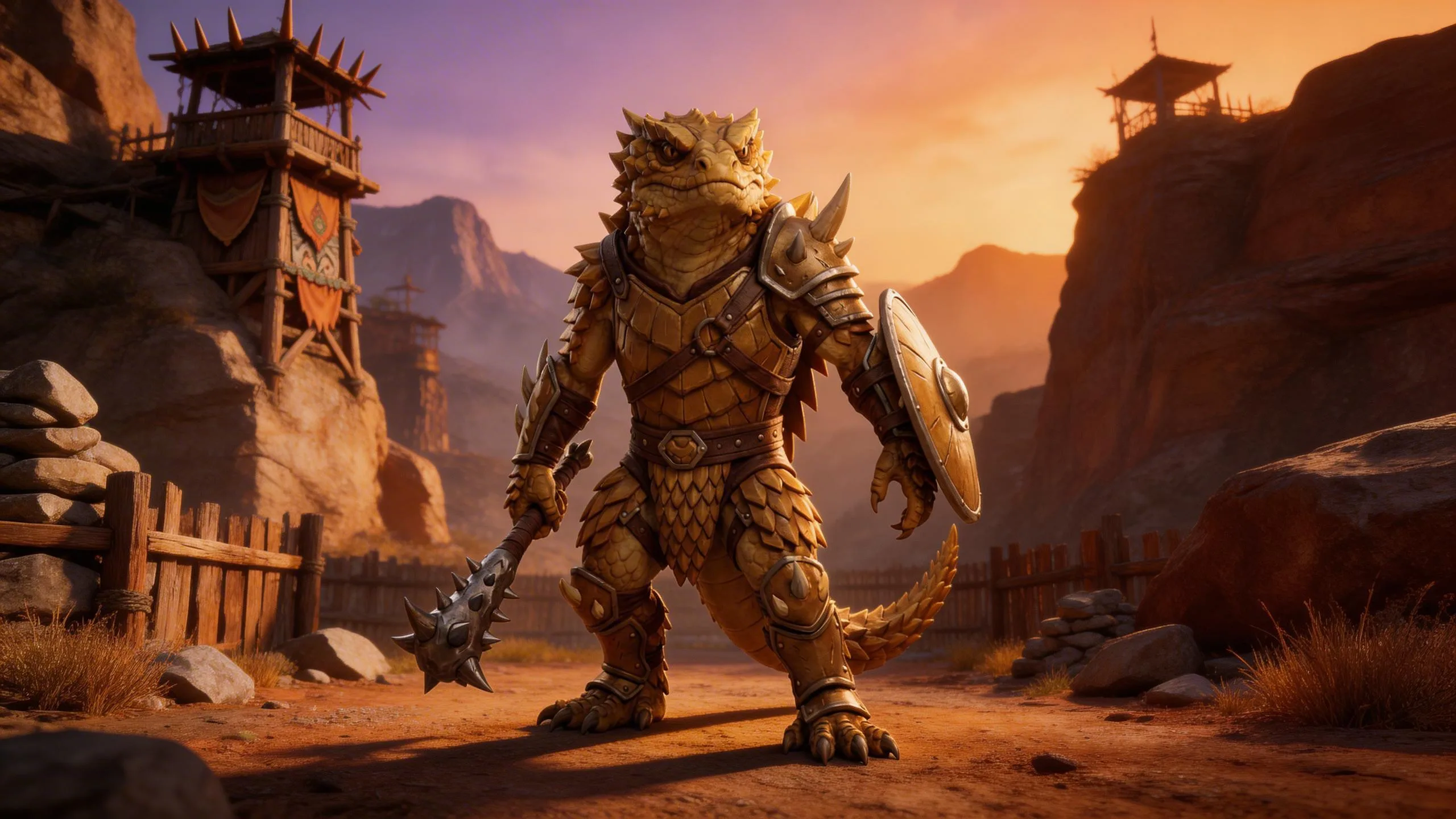 Armored dragon warrior with spikes holding shield and sword in desert fortress at sunset, fantasy RPG character