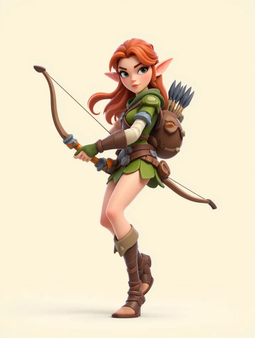 3D animated female elf archer with orange hair, green tunic, holding bow and arrows in fantasy game art style