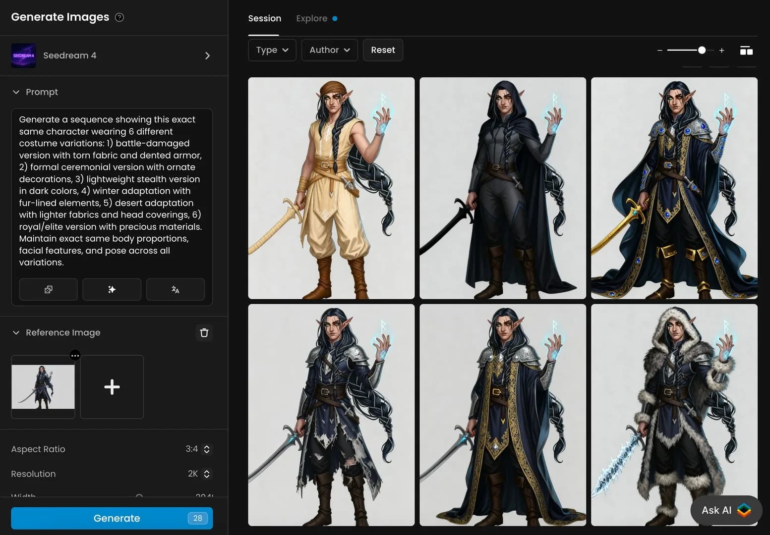 Fantasy elf character shown in six different costume variations: battle-damaged, stealth, ceremonial, royal, desert, and winter attire for diverse roleplaying or storytelling use.