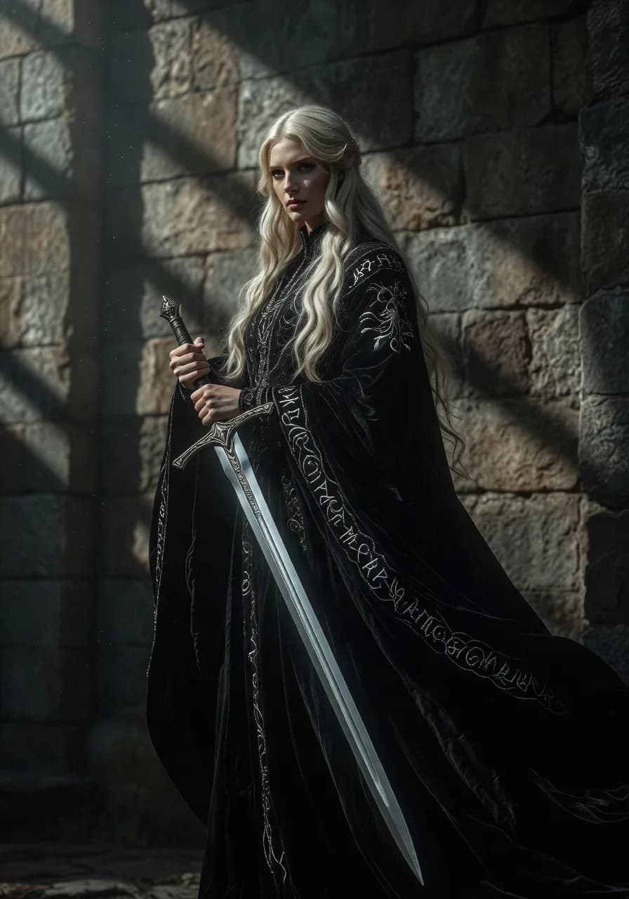 arafed woman dressed in black holding a sword in a stone building