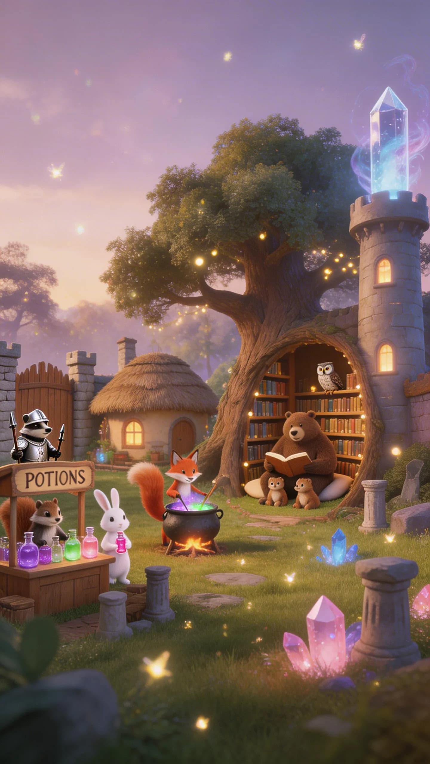 Magical fantasy village with animals reading in enchanted tree library, glowing crystals, potion shop, and whimsical castle under purple starlit sky