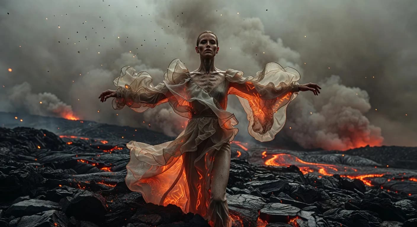 there is a woman standing in front of a fire with a flowing dress