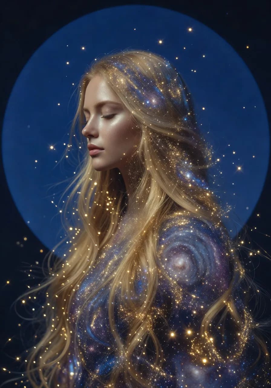 a woman with long hair and a blue dress is standing in front of a full moon