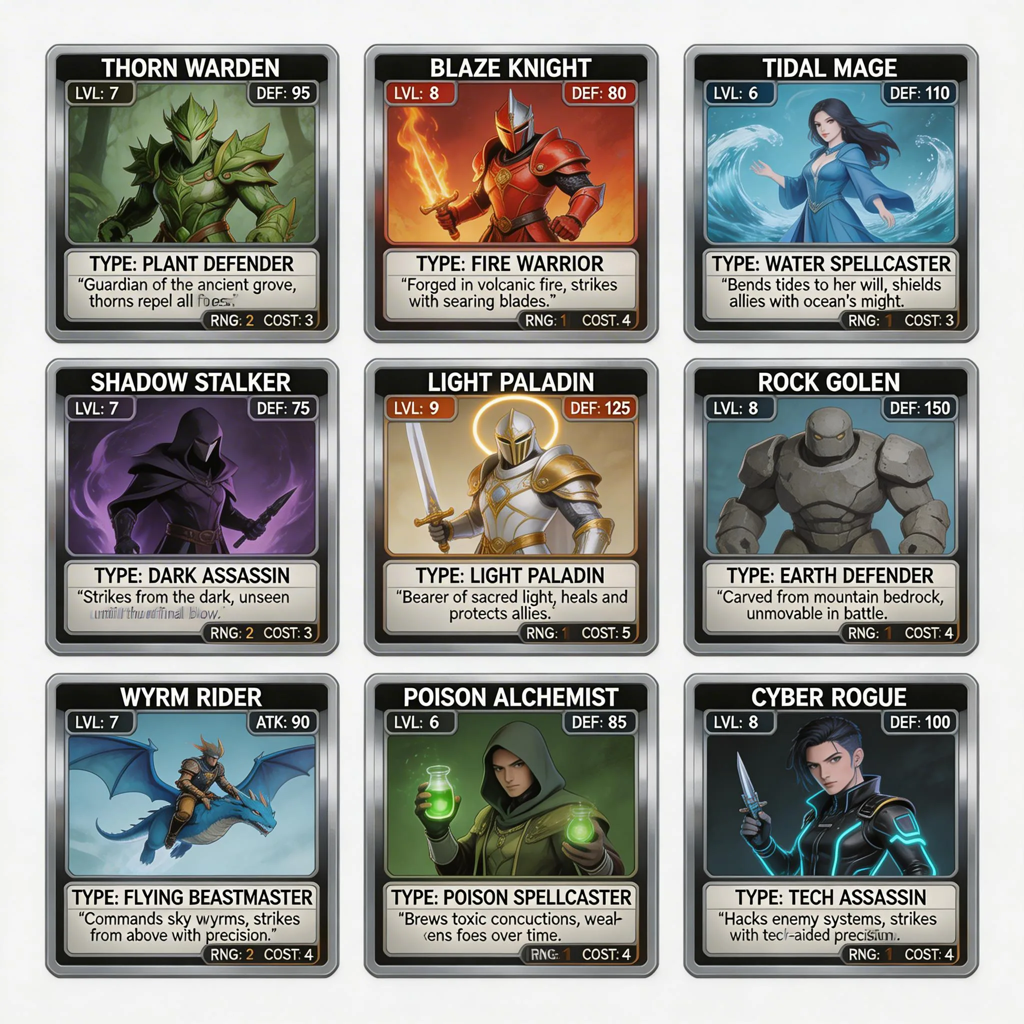 Fantasy trading card game grid showing nine character cards including Thorn Warden, Blaze Knight, Tidal Mage, Shadow Stalker, Light Paladin, Rock Golem, Wyrm Rider, Poison Alchemist, and Cyber Rogue with stats and abilities.