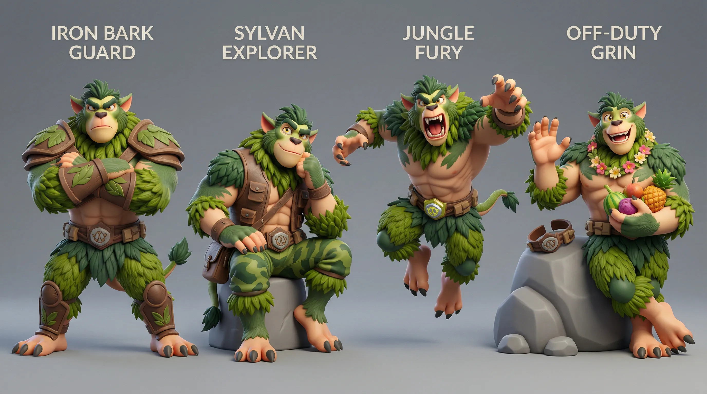 Four animated forest guardian characters with green leaf bodies, brown armor and accessories, displaying different personality archetypes in 3D character design