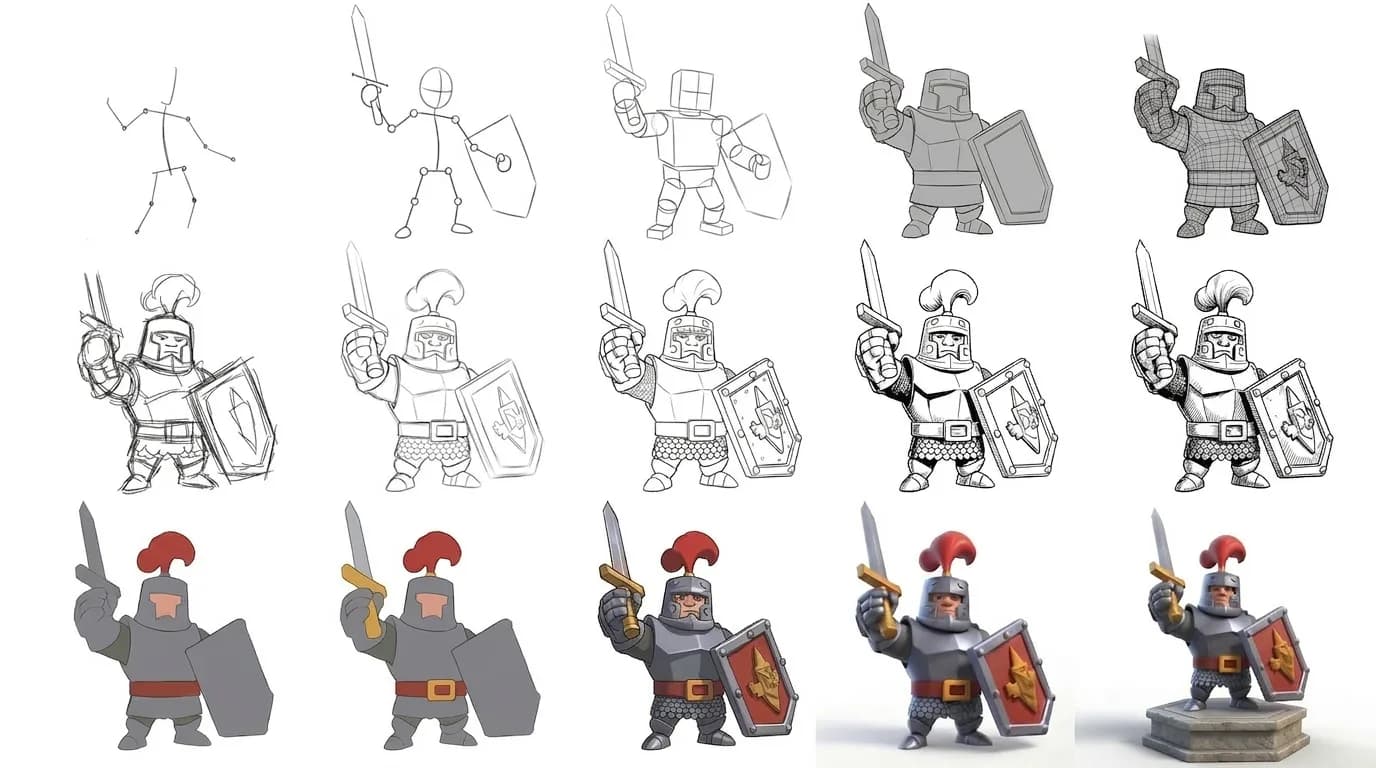 Character design progression of a fantasy warrior knight from stick figure sketch to detailed 3D rendered model with armor, sword, and shield