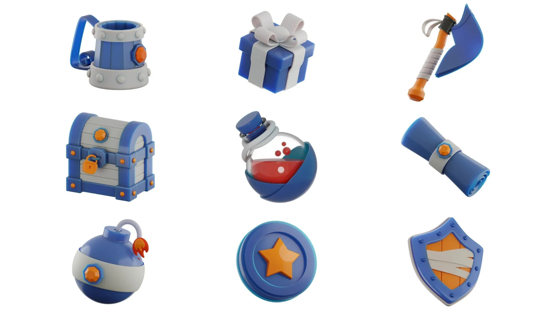 Collection of fantasy RPG game icons including potion bottle, gift box, axe, treasure chest, cauldron, bomb, scroll, star badge and shield in blue and orange colors