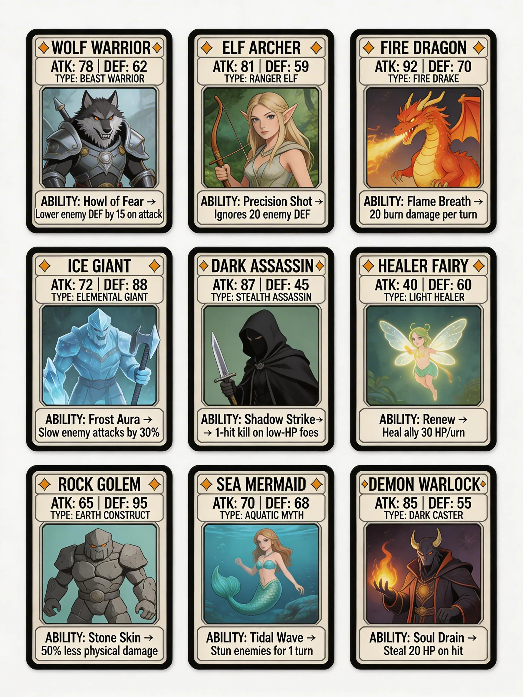 Collection of nine fantasy RPG trading cards featuring Wolf Warrior, Elf Archer, Fire Dragon, Ice Giant, Dark Assassin, Healer Fairy, Rock Golem, Sea Mermaid, and Demon Warlock with stats and abilities