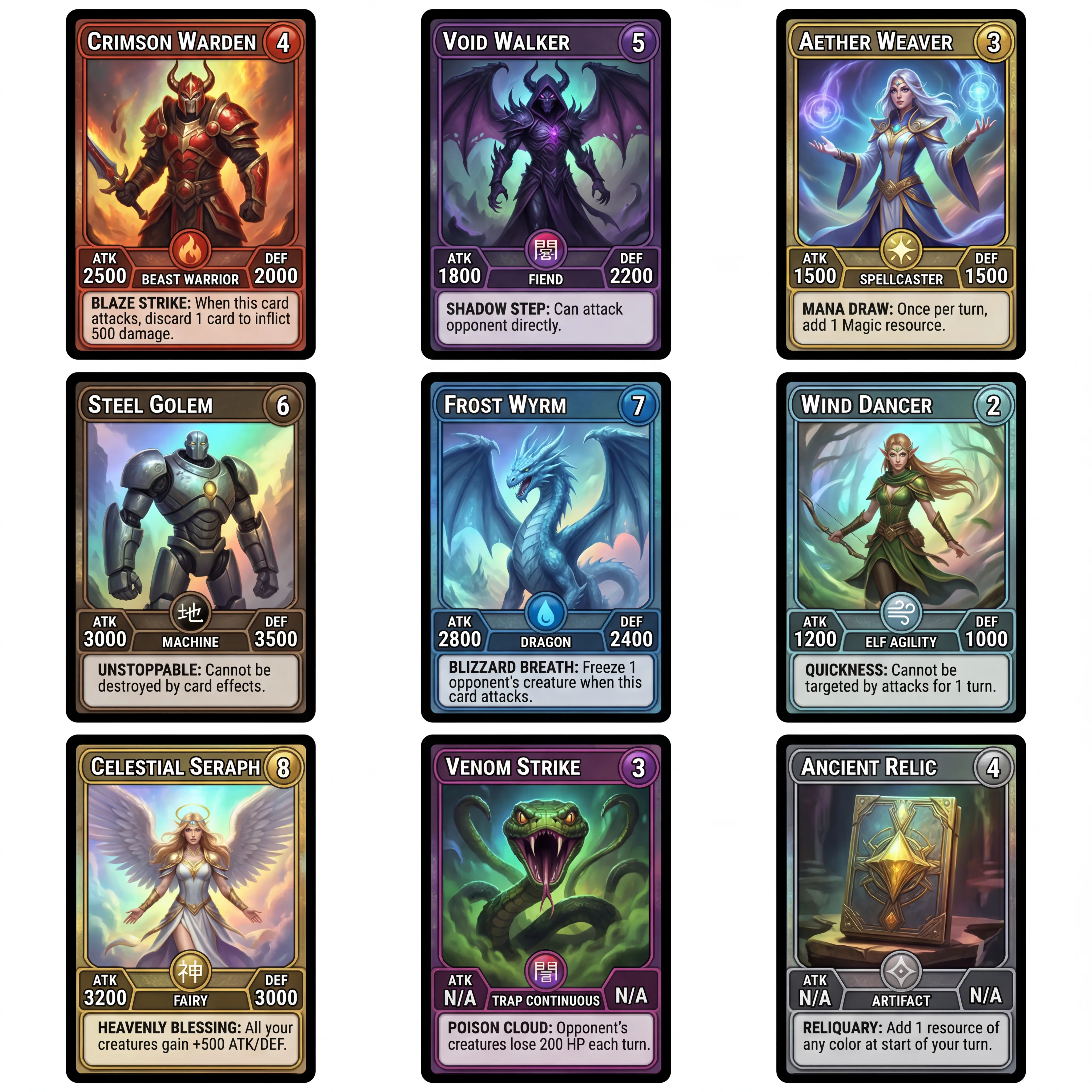 Trading card game collection featuring nine fantasy creature cards including Crimson Warden warrior, Void Walker fiend, and Aether Weaver spellcaster with attack and defense stats