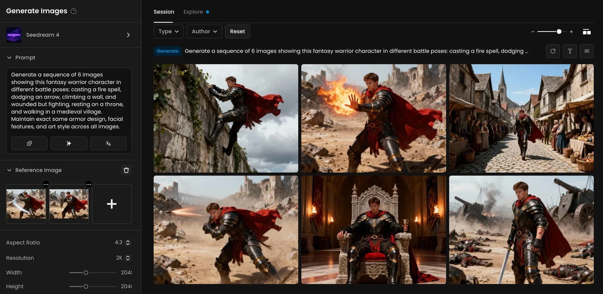 Six-image sequence of a fantasy warrior in black armor with a red cape performing battle poses, including casting fire, climbing, walking, and sitting on a throne in medieval settings.