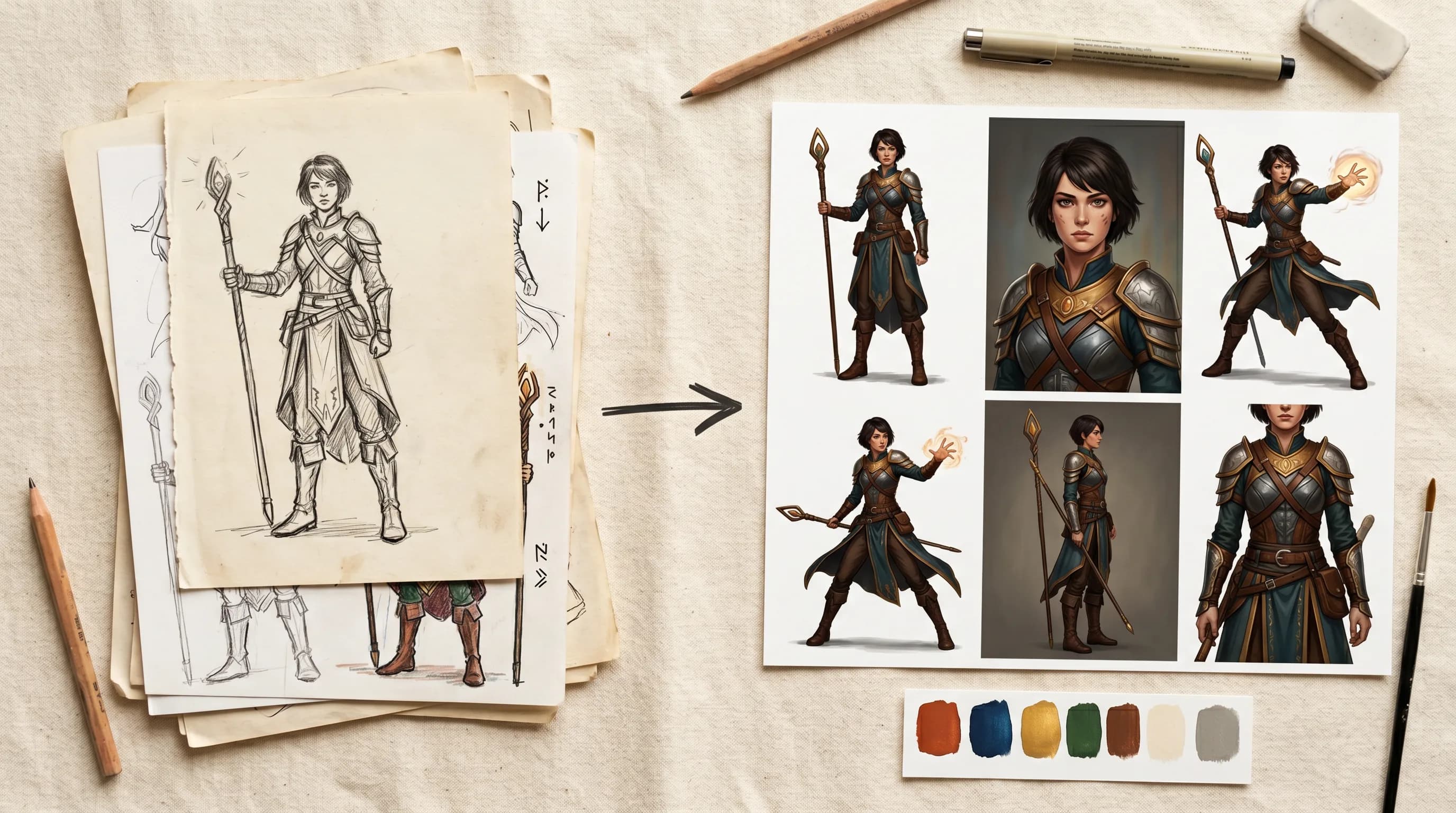 Fantasy warrior character design evolution from pencil sketch to detailed digital artwork, showing female fighter in leather armor with staff weapon and color palette studies