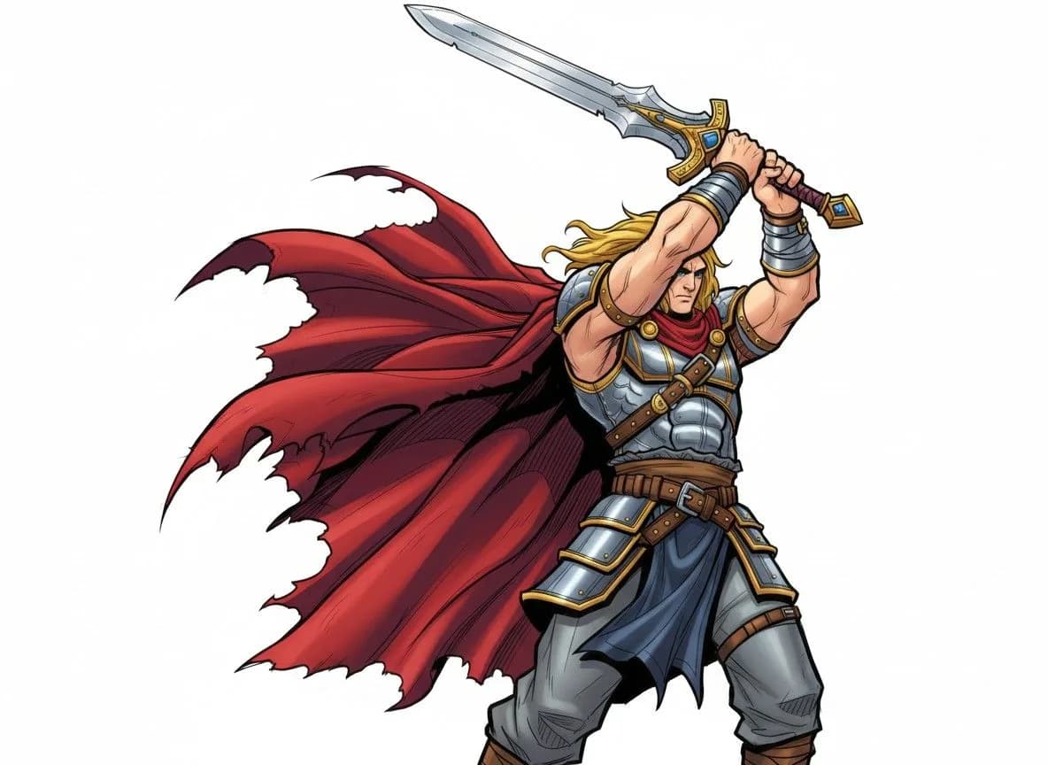 Fantasy warrior knight wielding sword with flowing red cape, wearing steel armor and gold accents in medieval style illustration