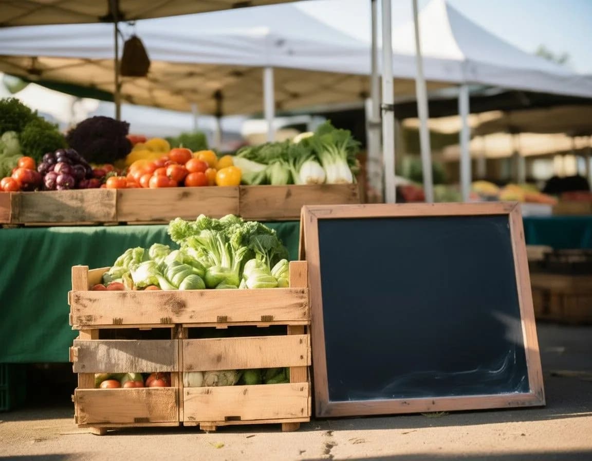 Farmers market stand with fresh vegetables in wooden crates and blank chalkboard sign, farmers market display