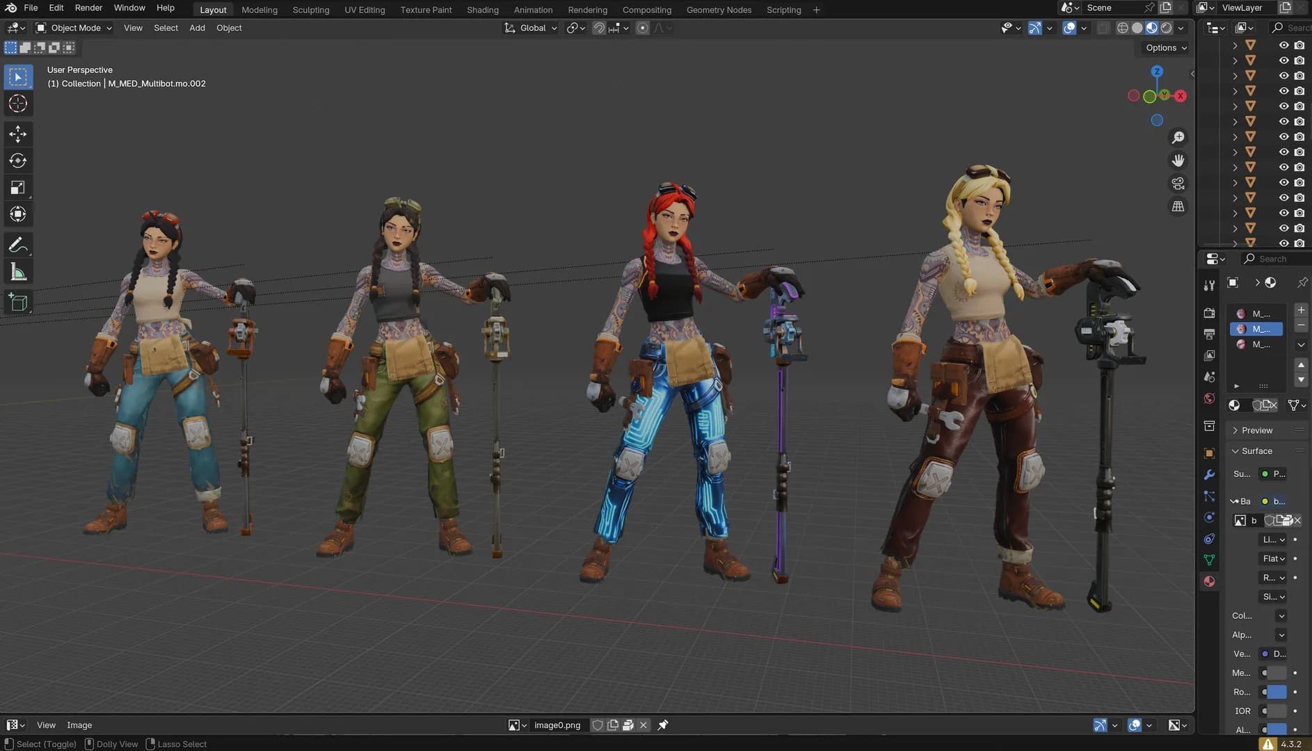 3D character models displayed in Blender software, showing four stylized female characters in steampunk outfits holding tools, ideal for game design or animation projects.
