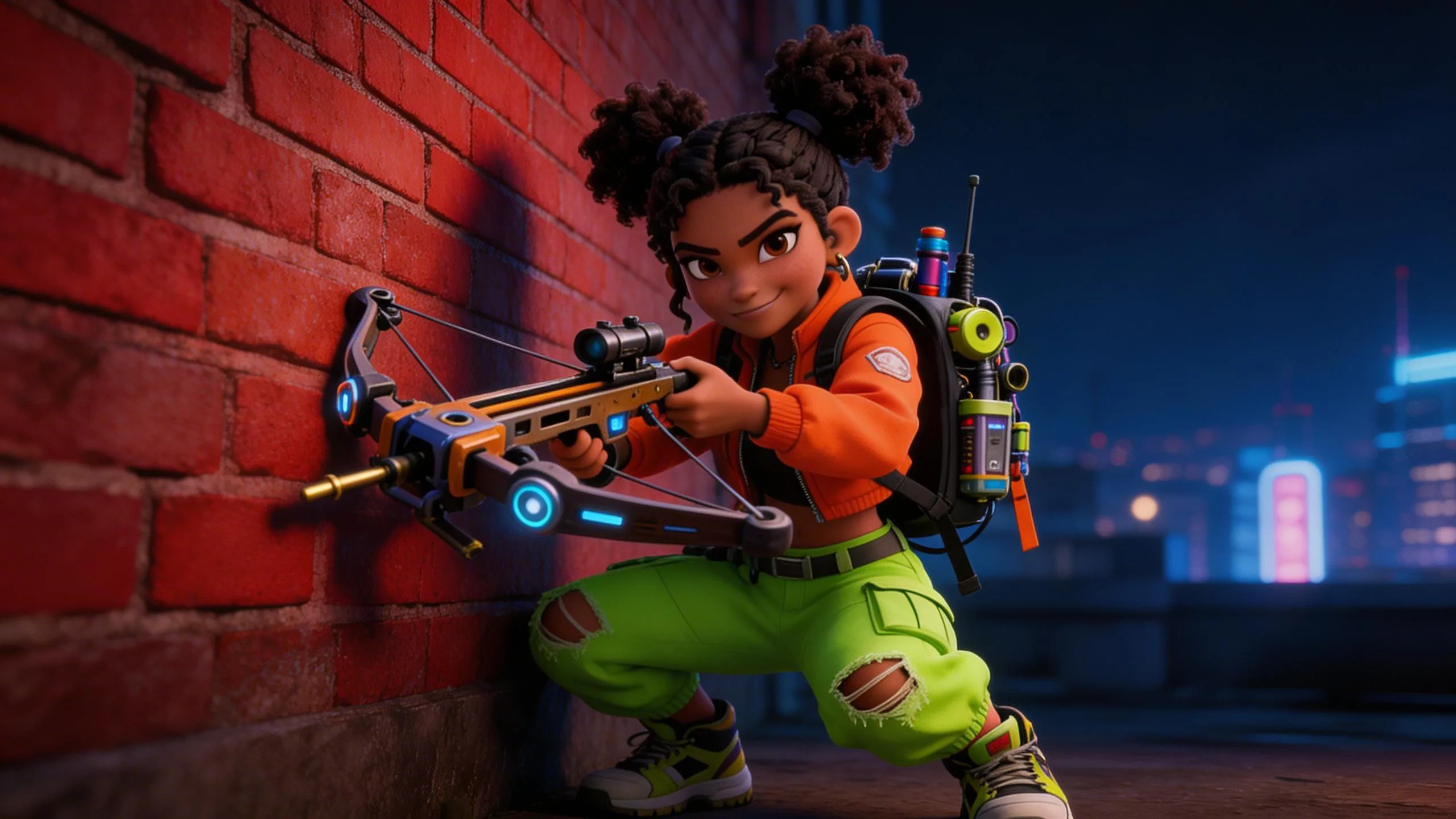 Animated character girl with afro buns holding futuristic crossbow with tech gadgets backpack against red brick wall and neon city skyline at night