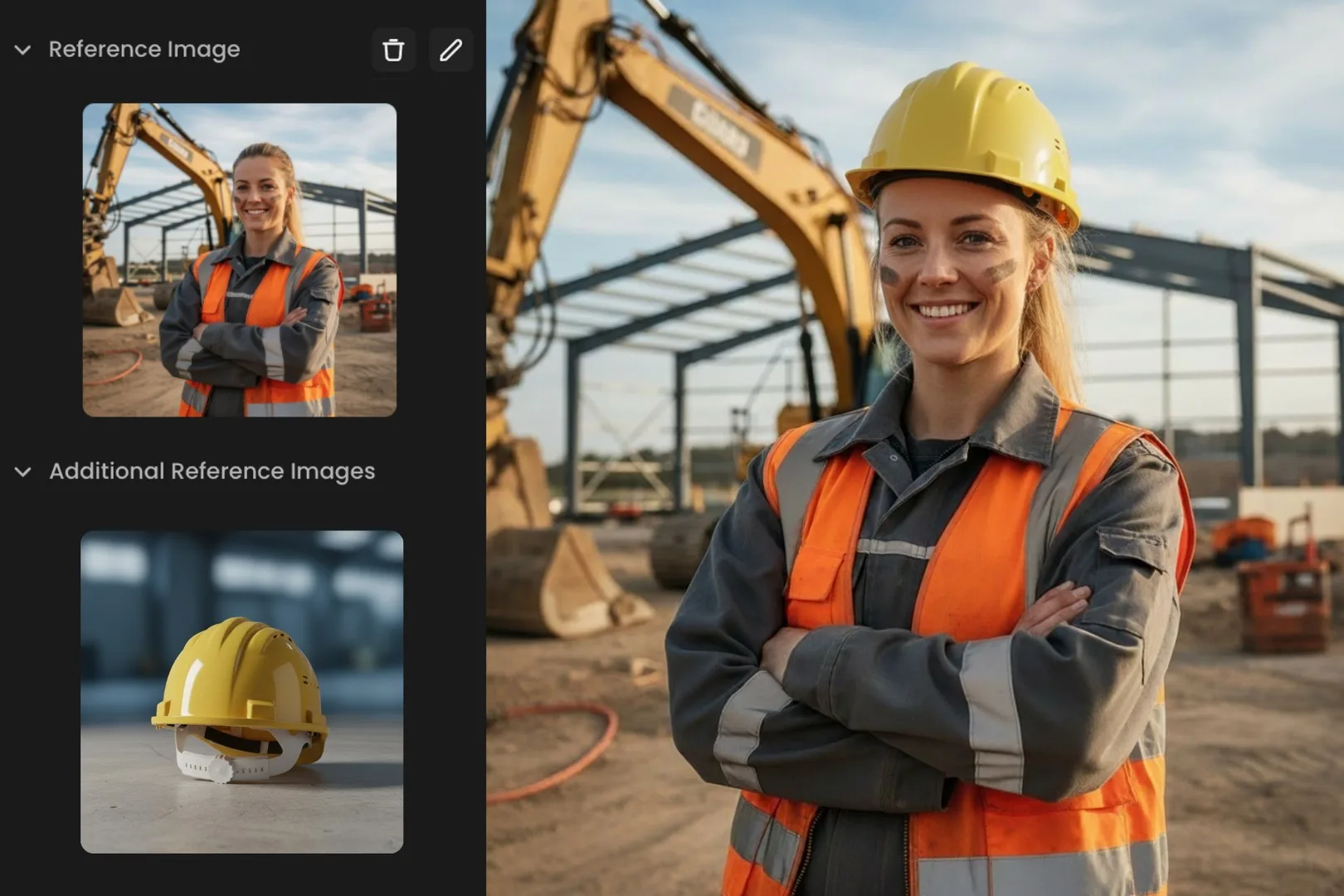 Female construction worker in safety gear smiling at industrial building site with machinery and steel framework.