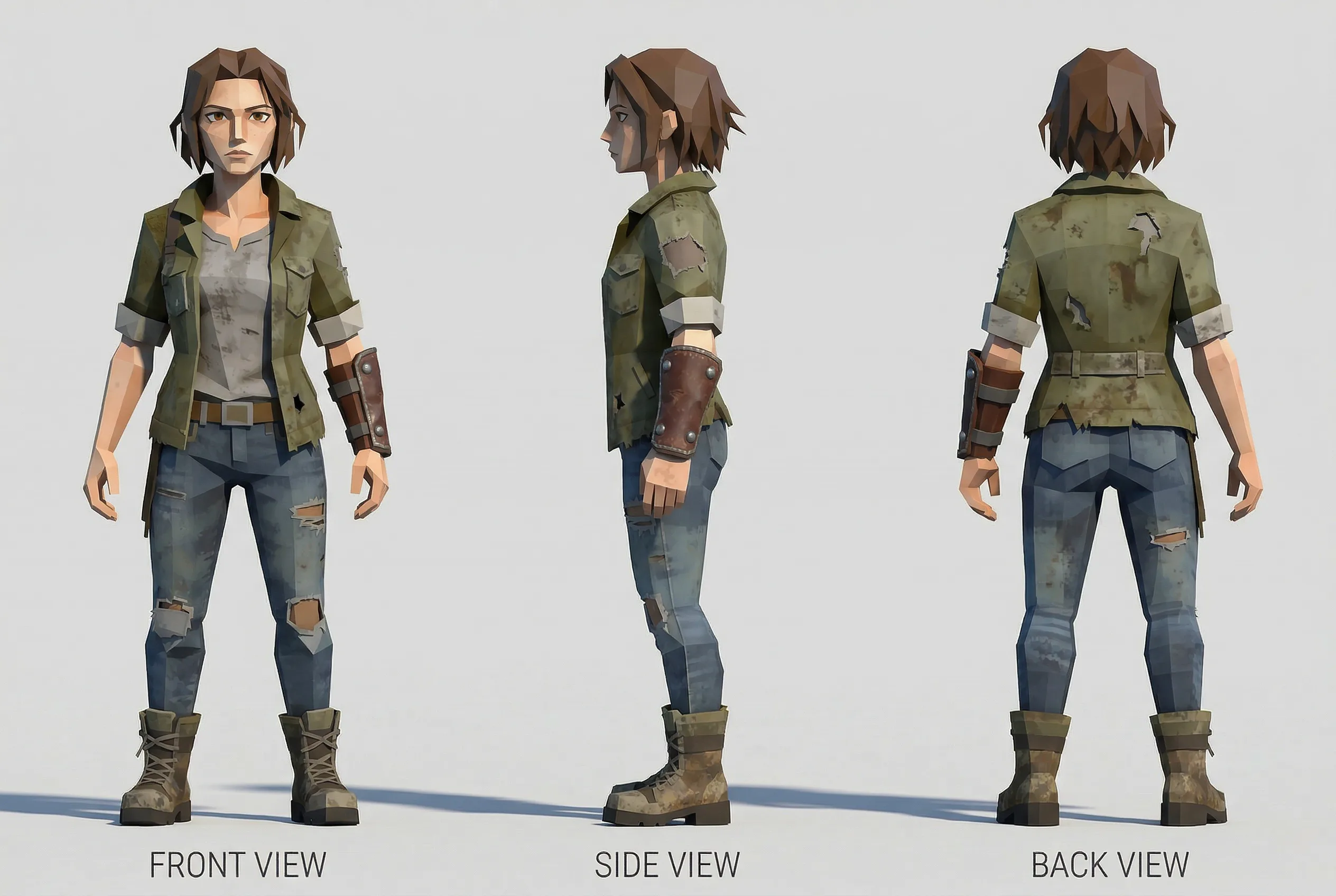 3D game character model showing front, side, and back views of a female survivor wearing olive jacket, distressed jeans, leather arm guards, and combat boots