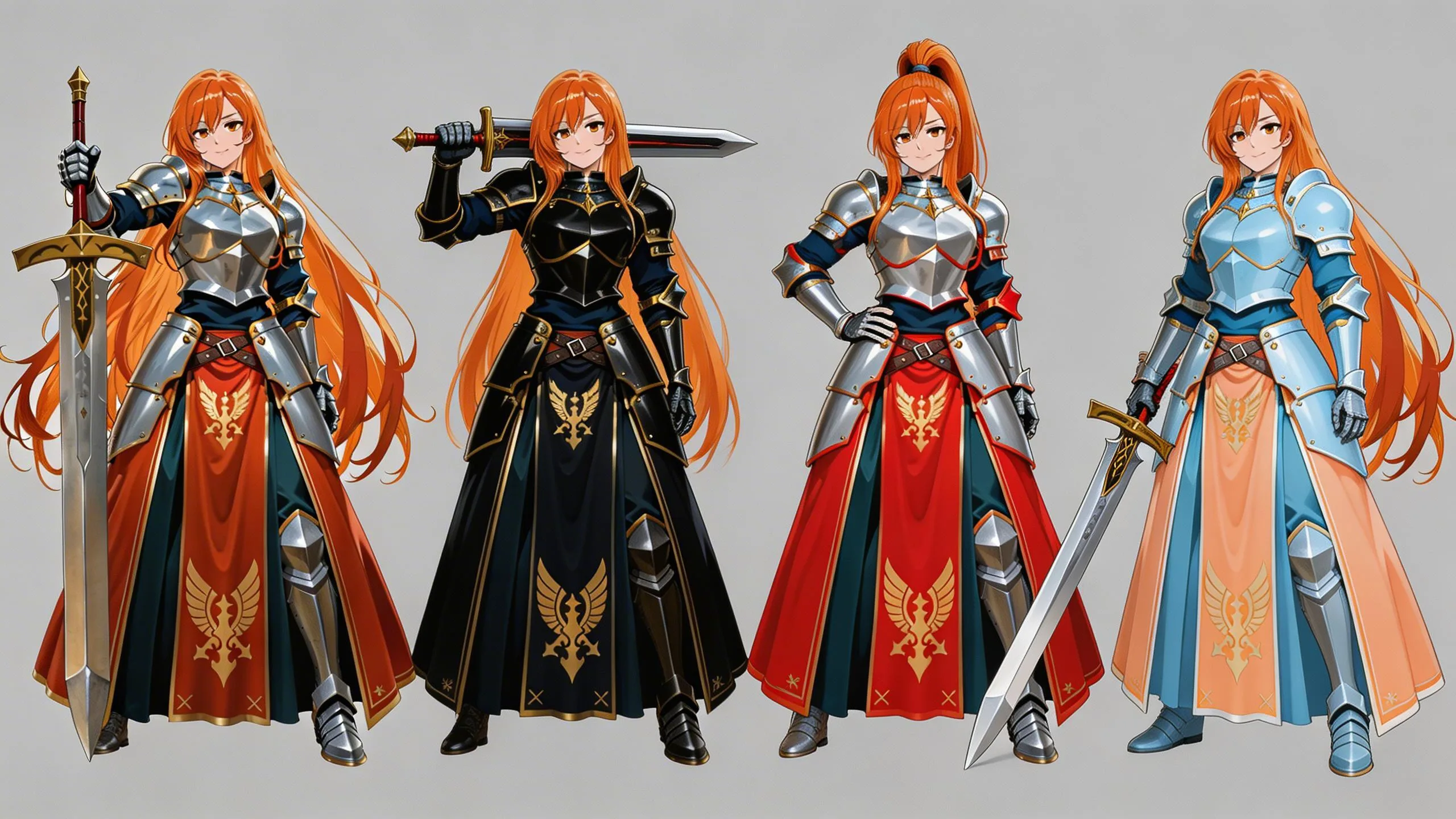 Anime female knight character with orange hair in medieval fantasy armor and flowing capes, four pose variations with swords and weapons