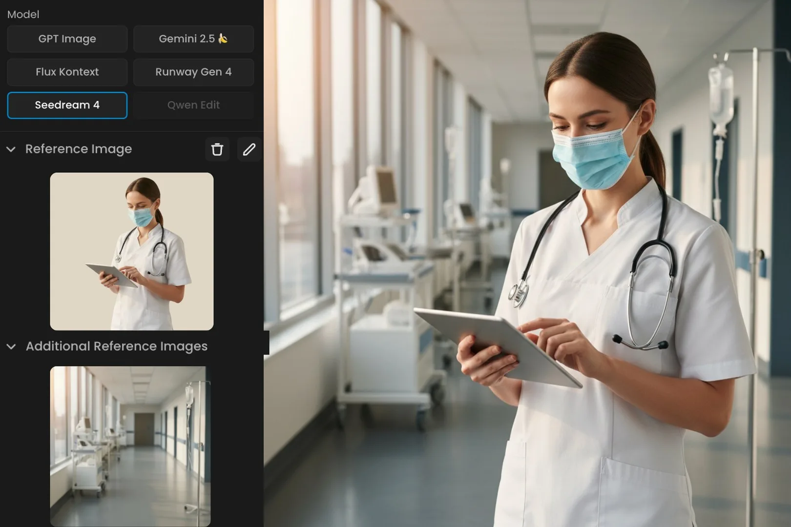 Female nurse wearing a mask and stethoscope using a digital tablet in a hospital corridor with medical equipment visible.