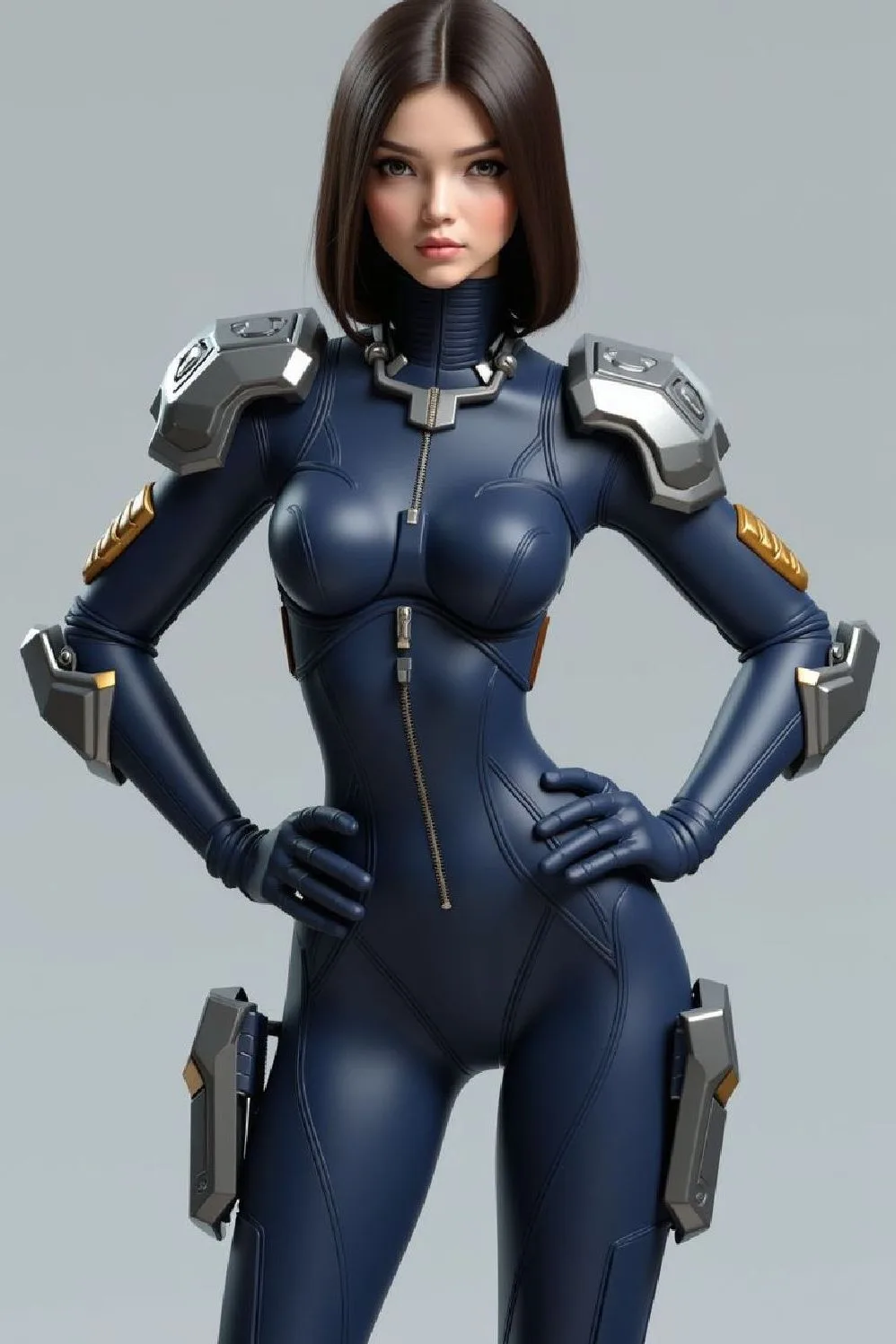 Woman in dark blue futuristic combat armor suit with metallic shoulder plates and tactical gear, 3D digital character art