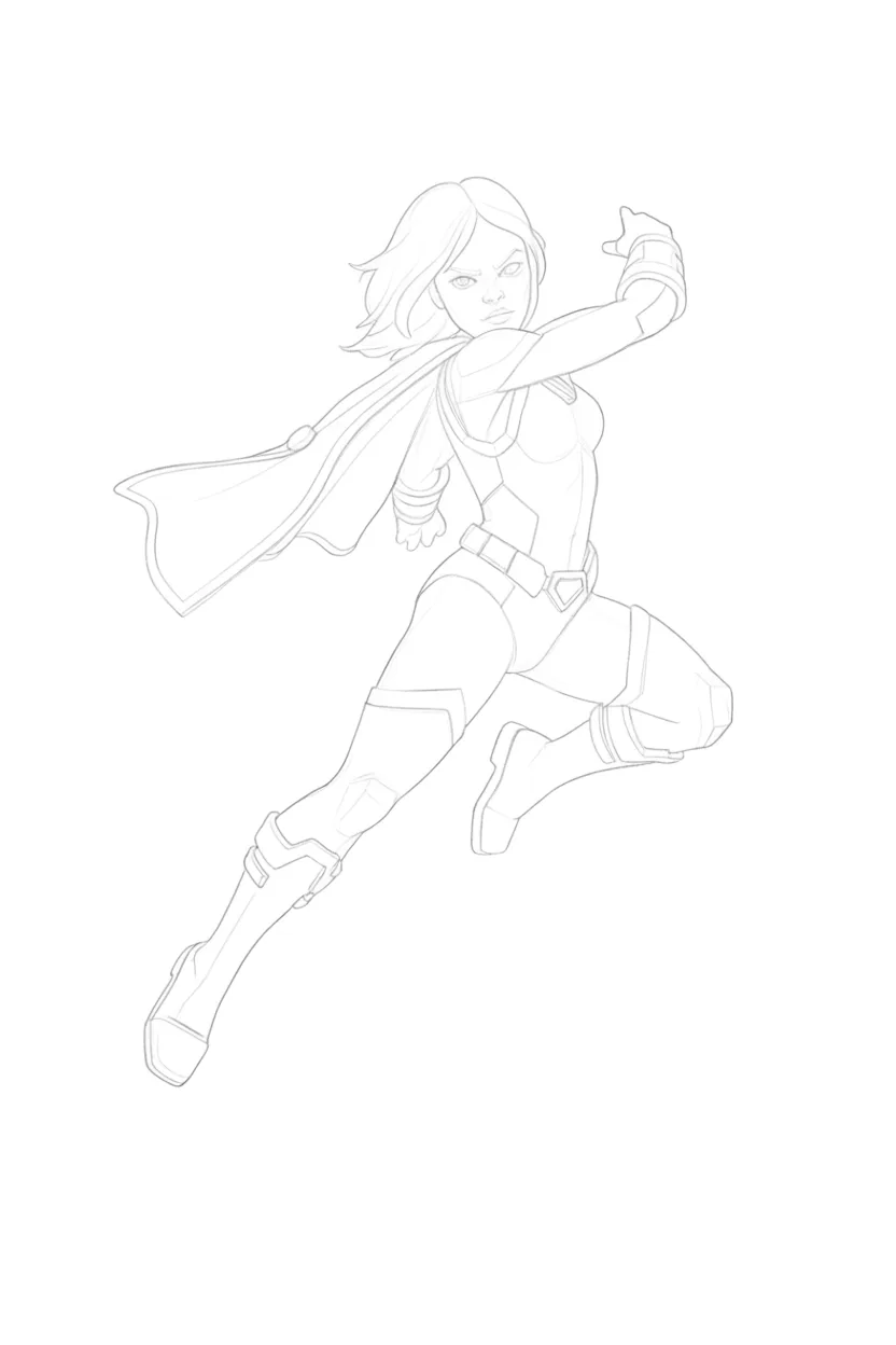 Pencil sketch of a female superhero in dynamic action pose wearing cape and tactical suit