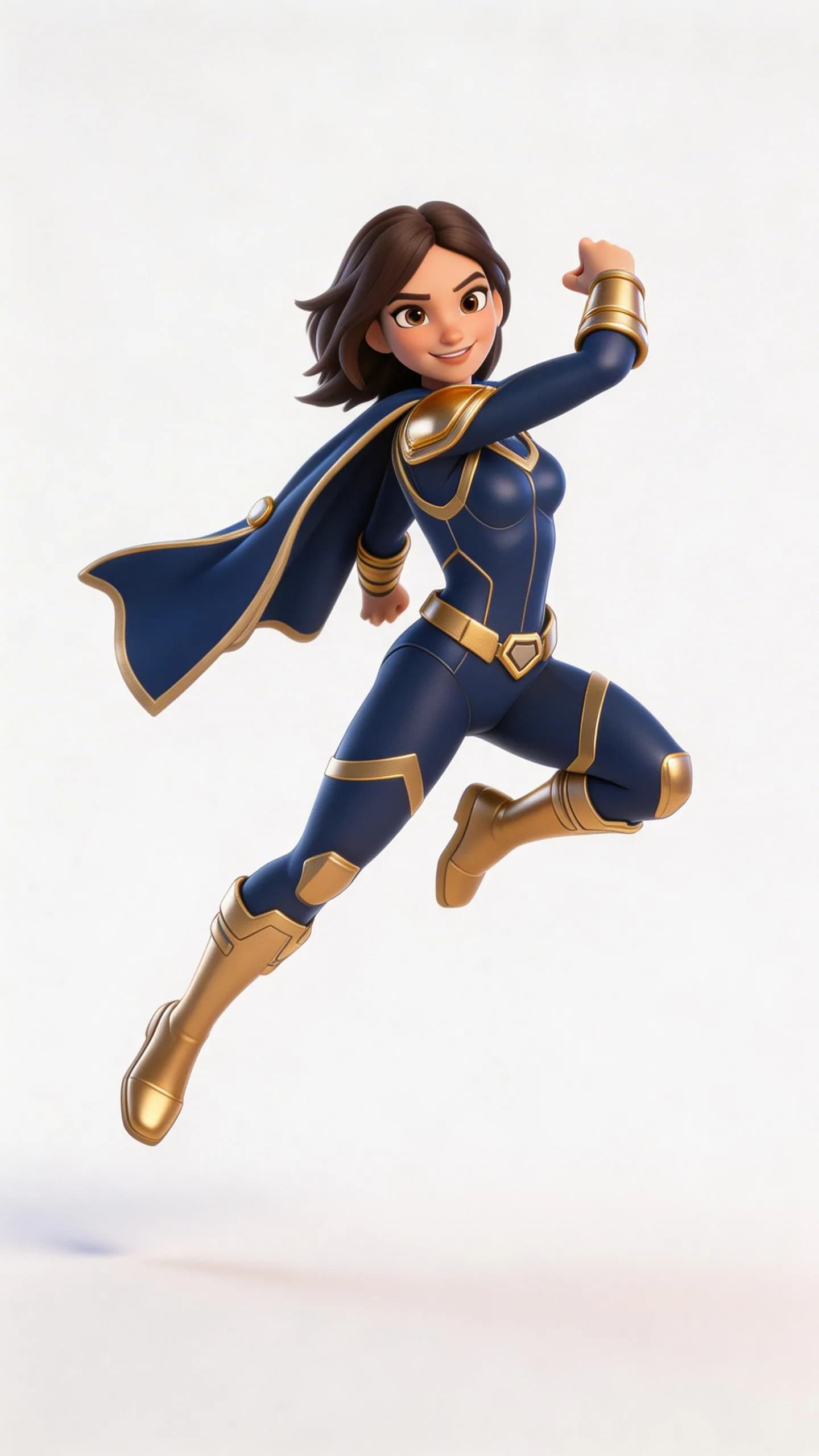 Animated superhero woman in blue and gold costume flying with fist raised, dynamic action pose against white background