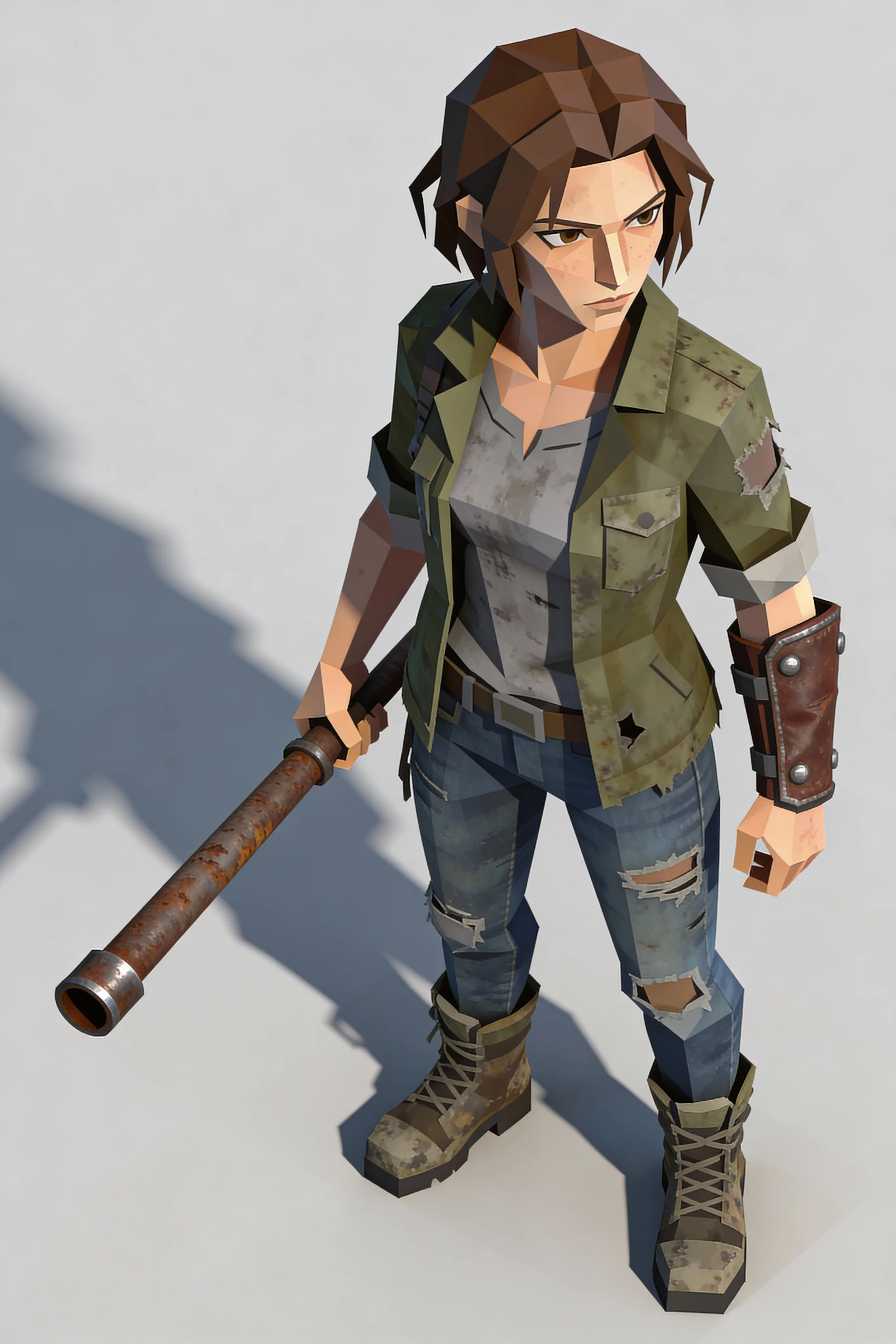 Low-poly 3D female survivor character in tactical gear holding rusty pipe weapon, game art style